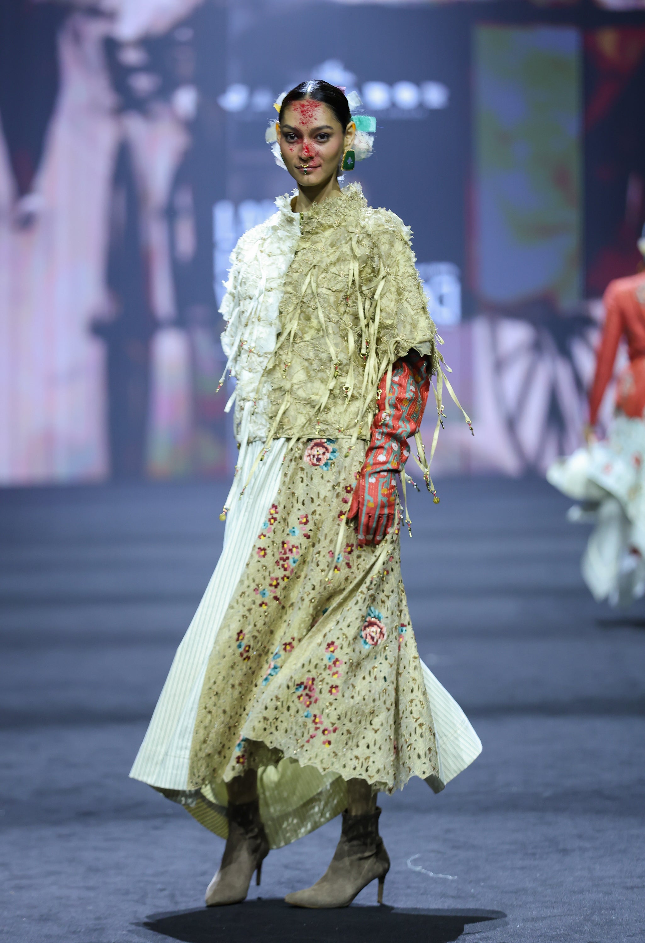 3D FLORAL DUAL COLOR JACKET WITH STRIPED DENIM AND EMB GOLD PANELLED SKIRT