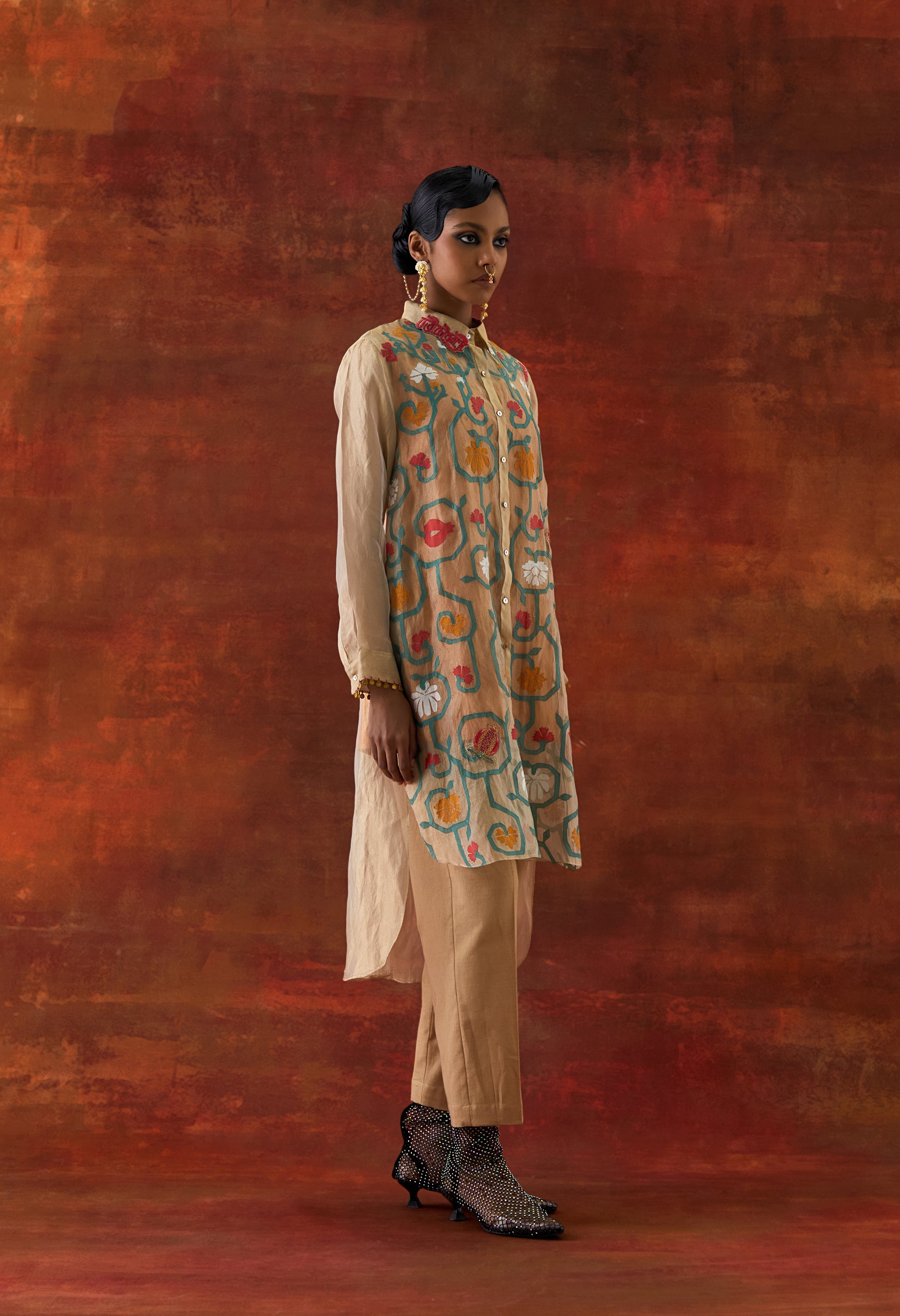 EMB GOLD TISSUE SHIRT WITH INNER AND PANTS