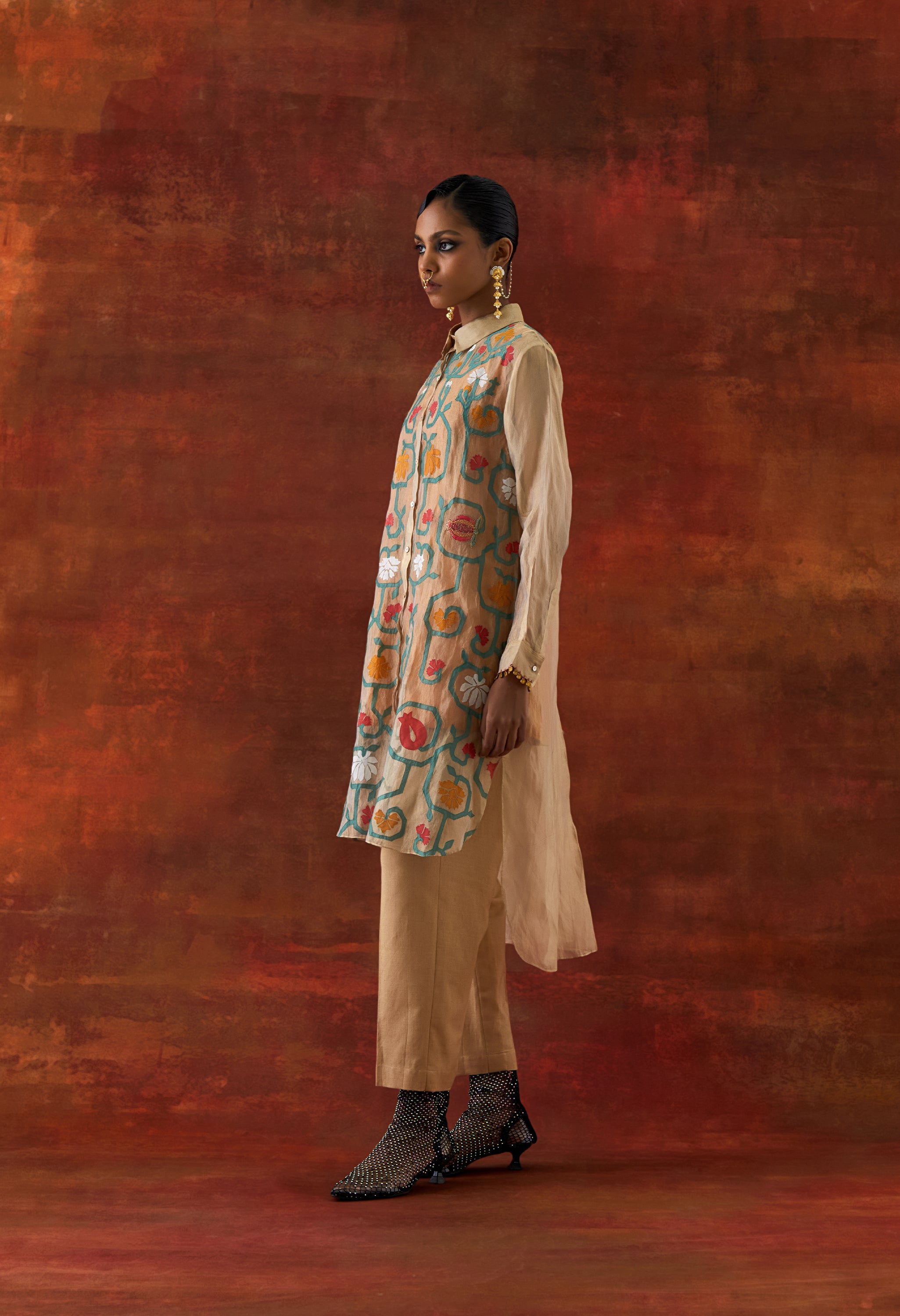 EMB GOLD TISSUE SHIRT WITH INNER AND PANTS