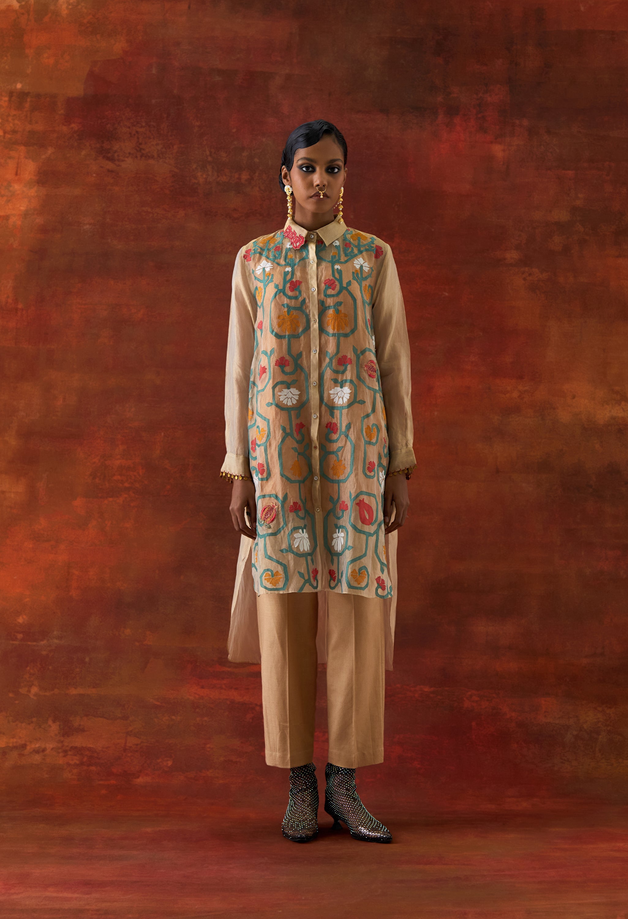 EMB GOLD TISSUE SHIRT WITH INNER AND PANTS