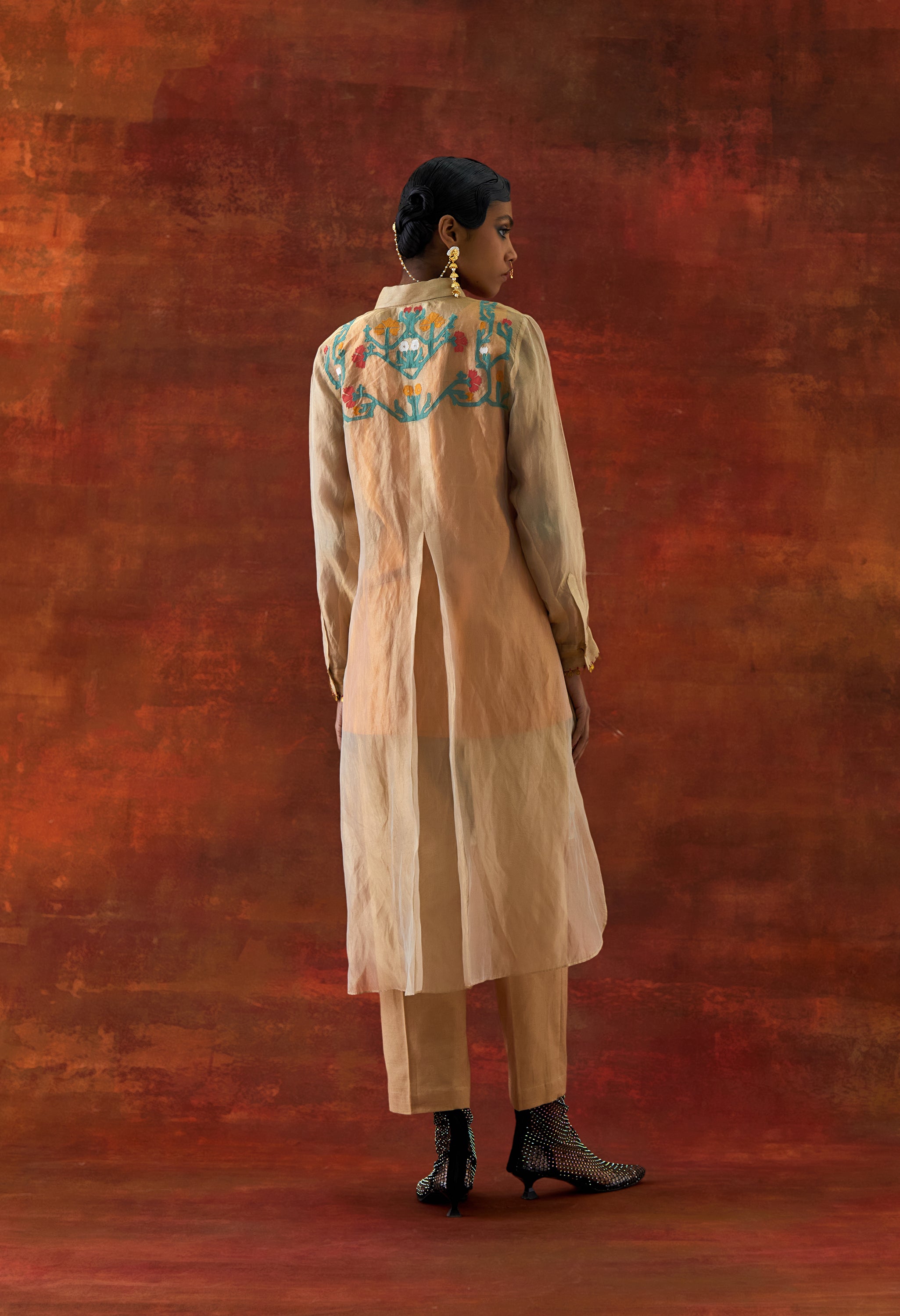 EMB GOLD TISSUE SHIRT WITH INNER AND PANTS