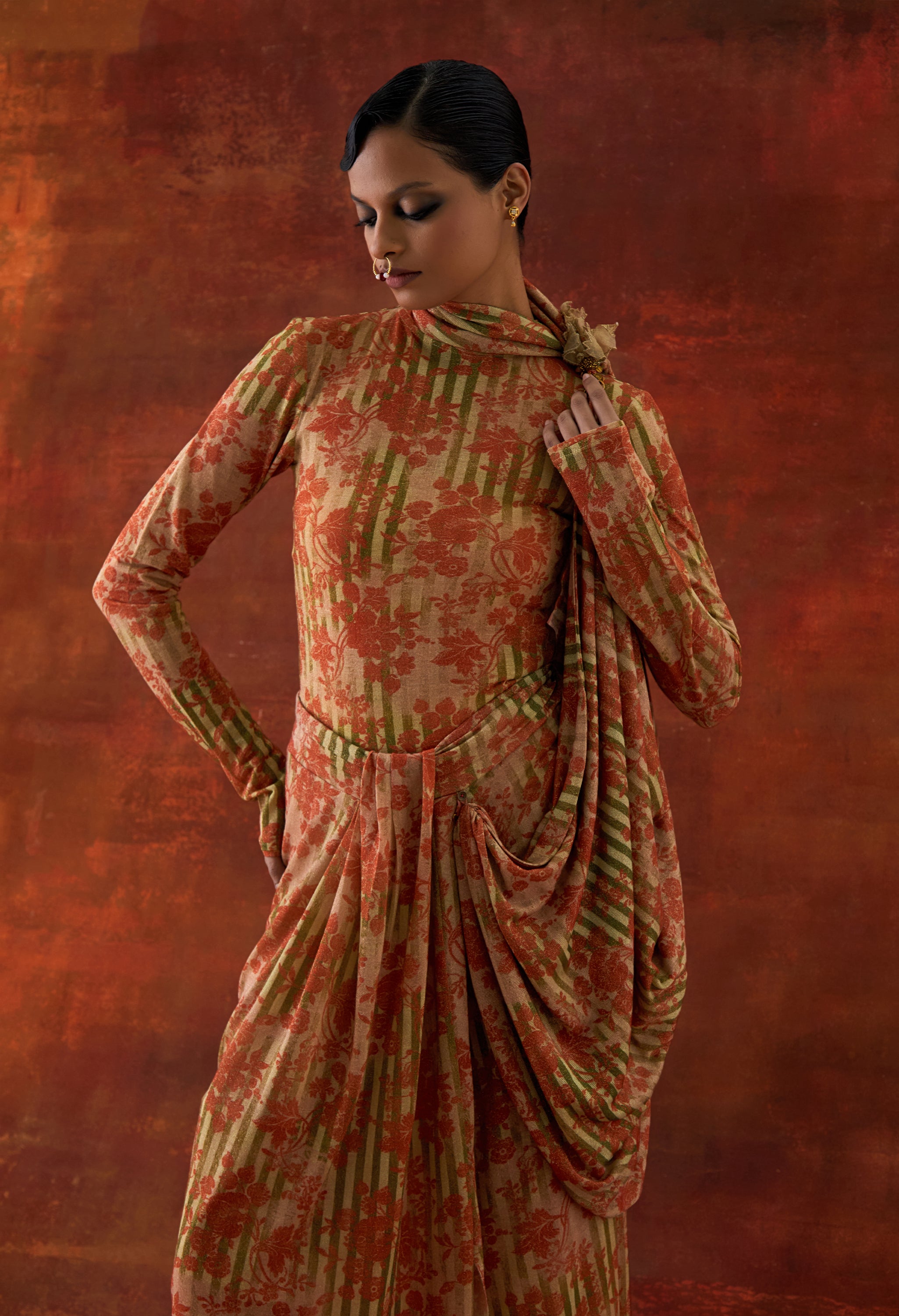 GOLD JERSEY DRAPED SARI + BODY SUIT