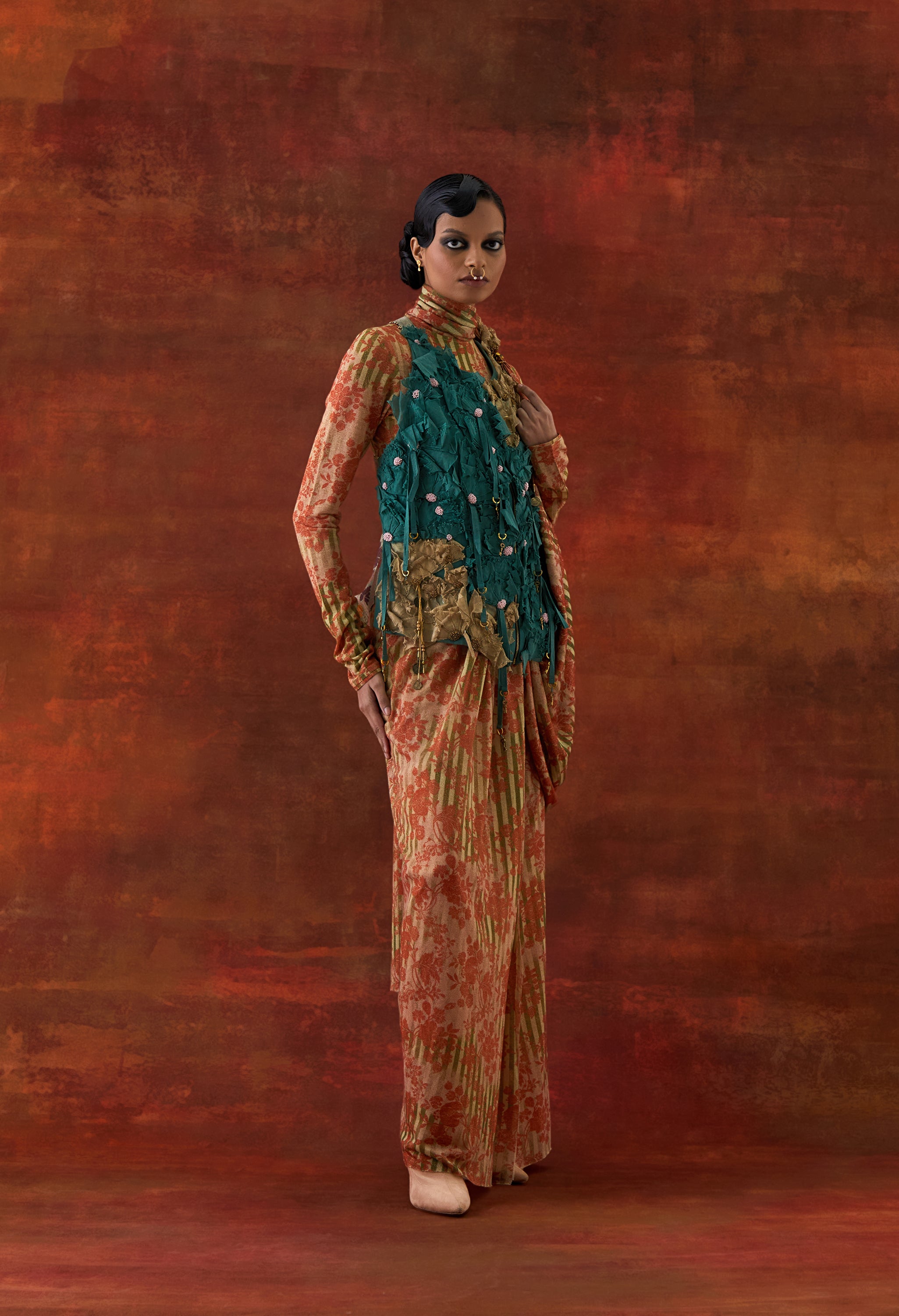 3D FLOWER RACER BACK JACKET WITH GOLD JERSEY DRAPED SARI