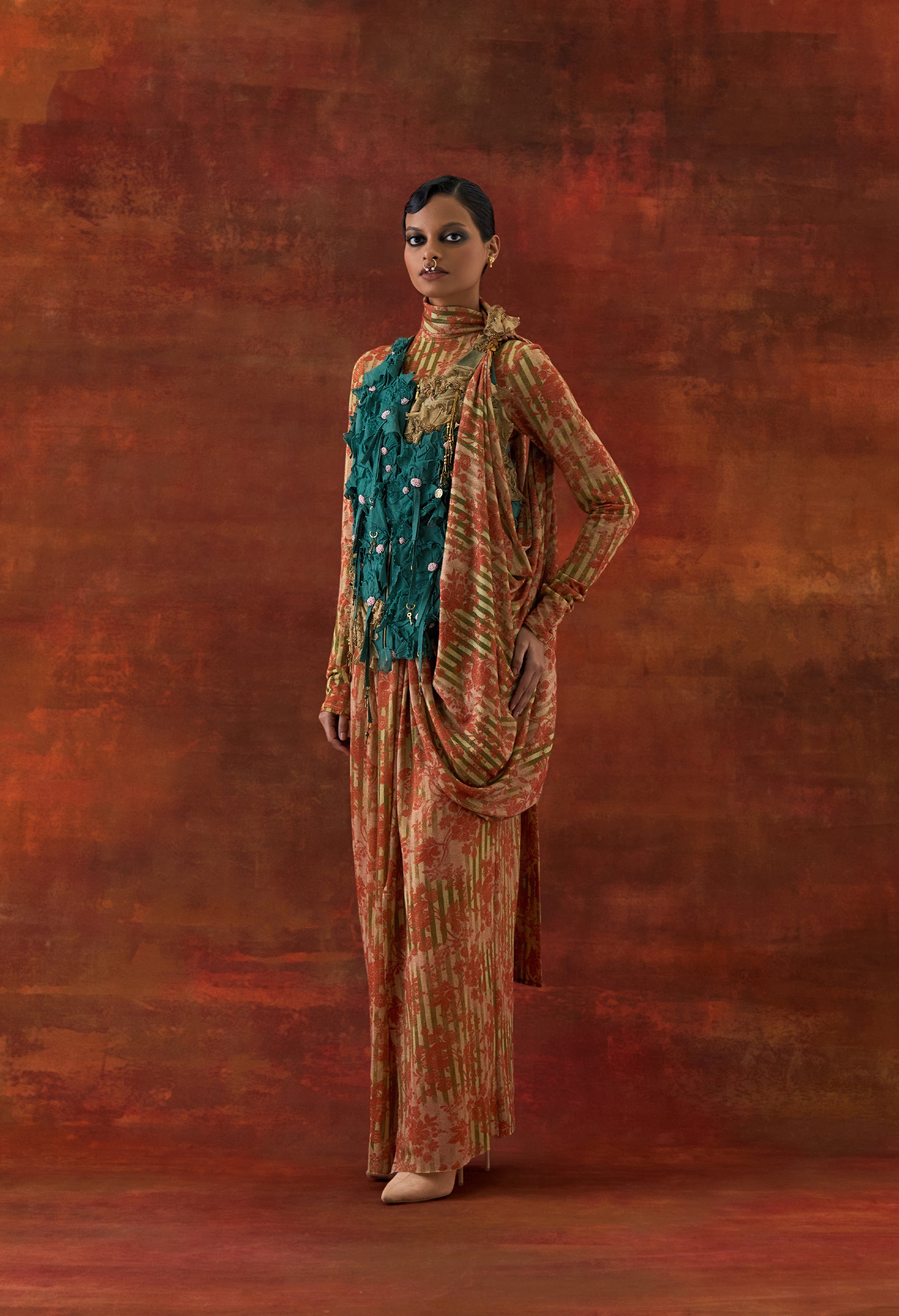 3D FLOWER RACER BACK JACKET WITH GOLD JERSEY DRAPED SARI