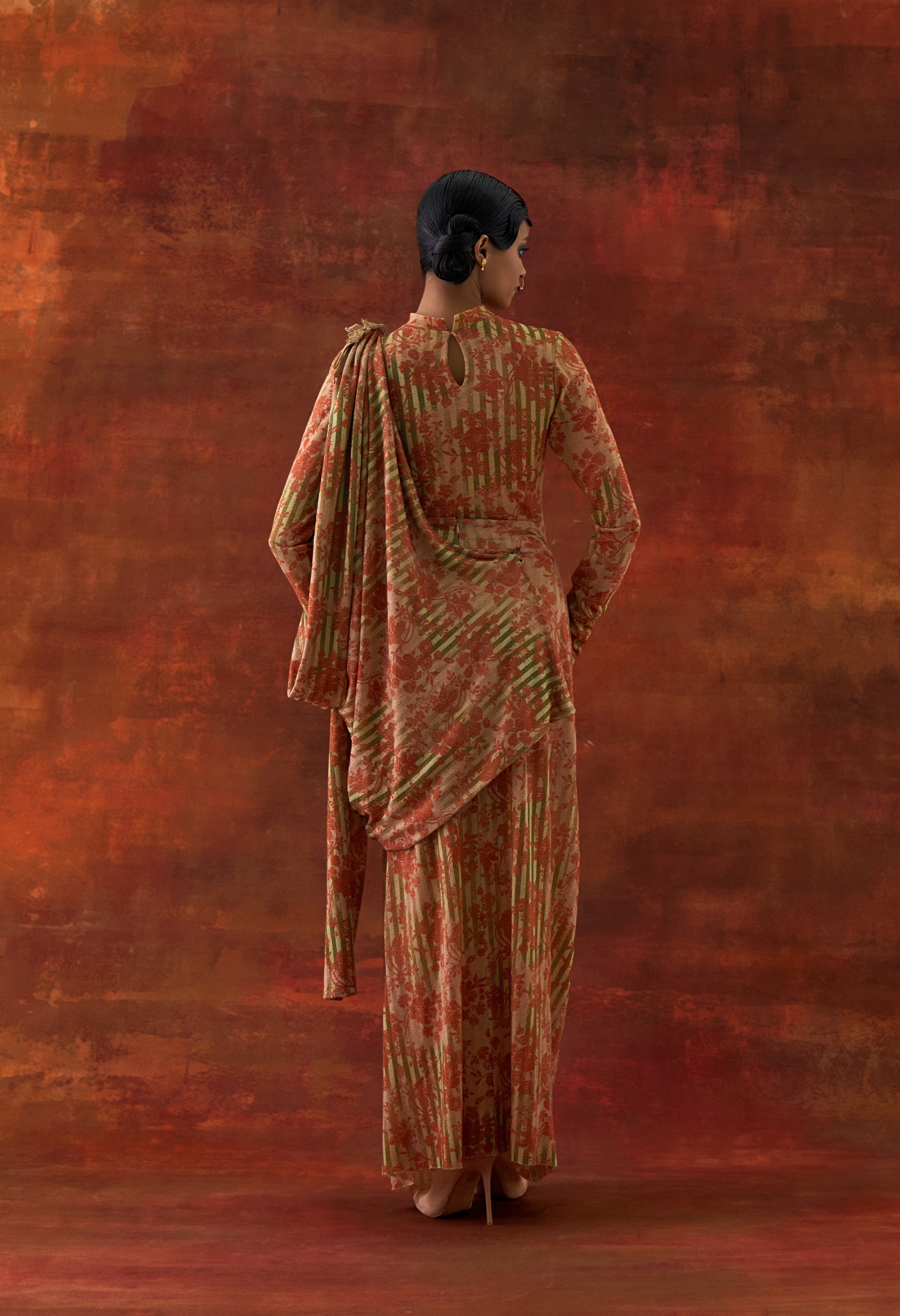 GOLD JERSEY DRAPED SARI + BODY SUIT