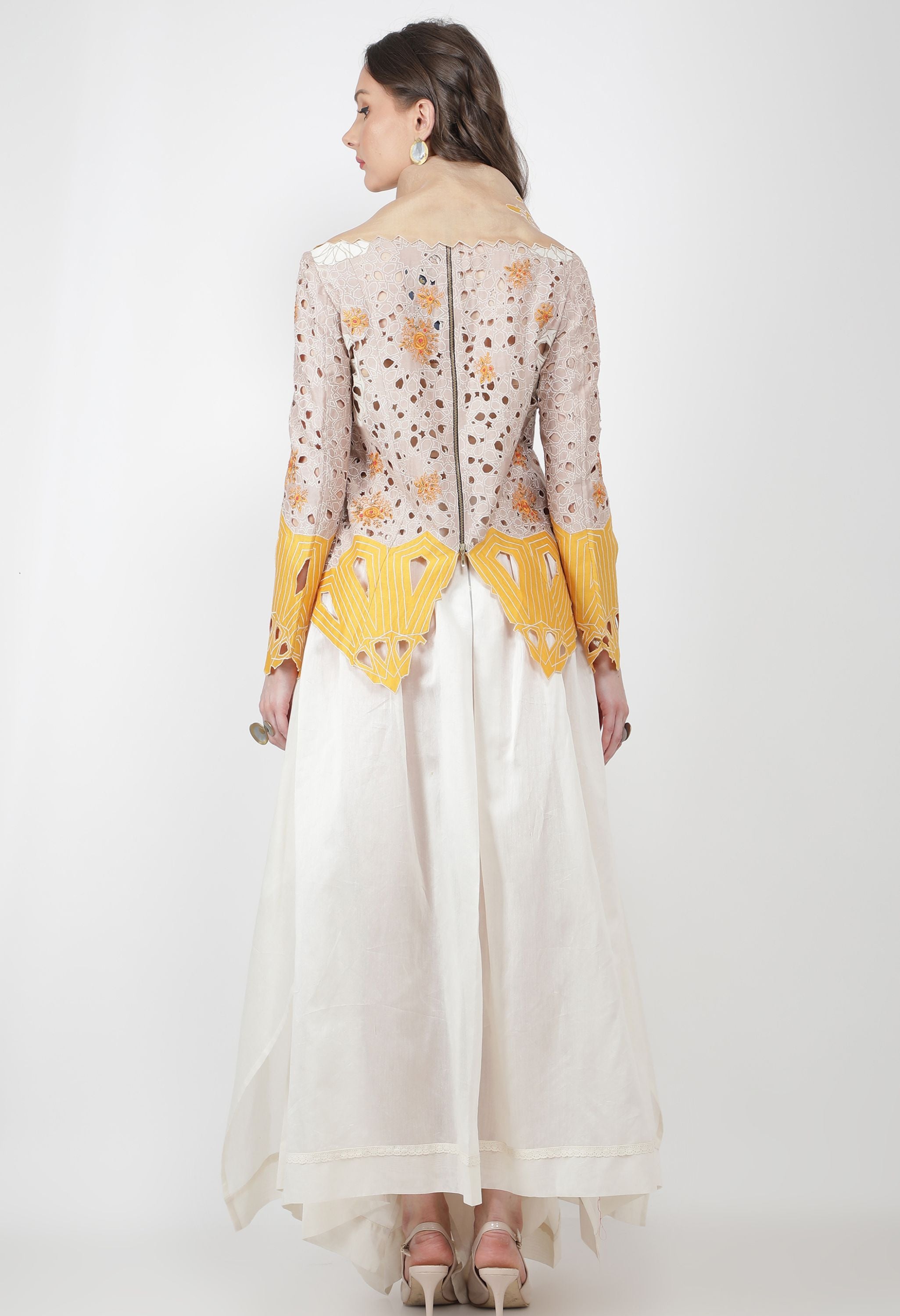 EMB DRAPED COLLAR CUTWORK JACKET WITH SKIRT