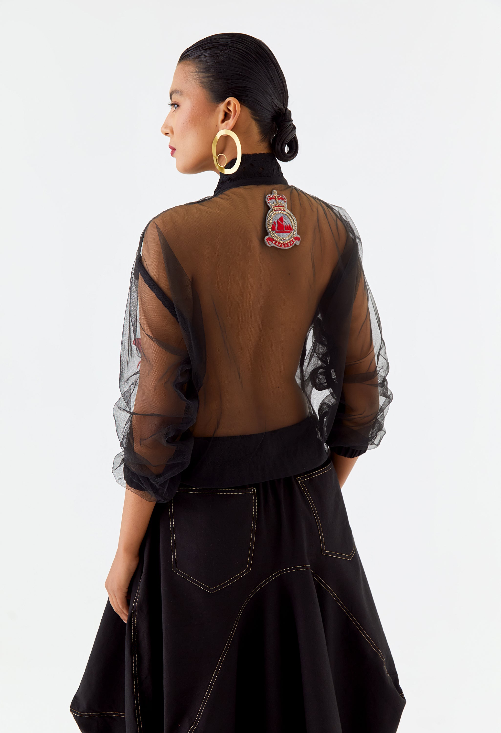 NET BOMBER JACKET + PLEATED SKIRT ATTACHED WITH PANTS