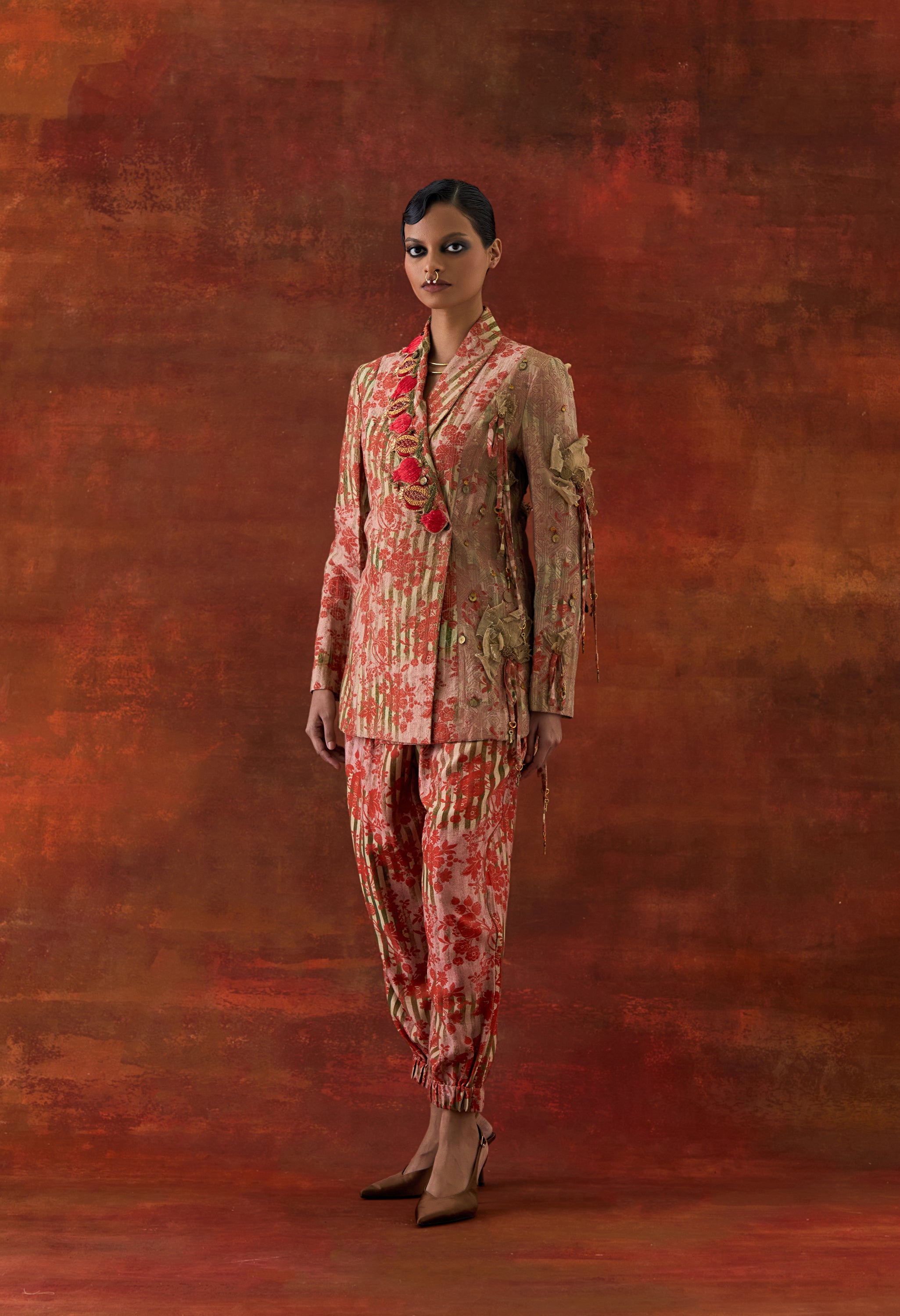 POMEGRANATE EMB DOUBLE LAPEL JACKET WITH PRINTED JOGGERS