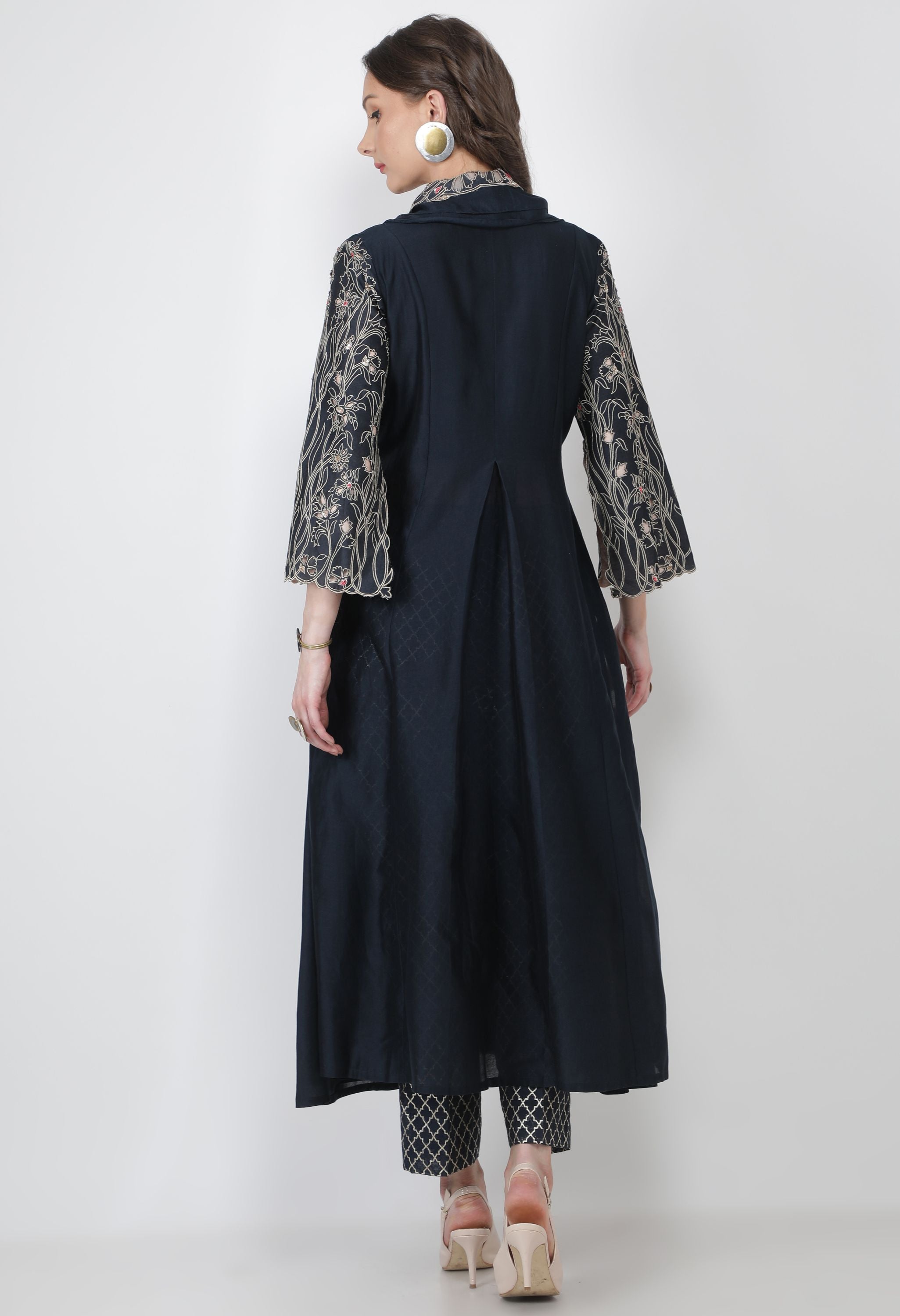 CUTWORK EMB SLEEVES LAYERED COLLARED ANGRAKHA WITH PANTS
