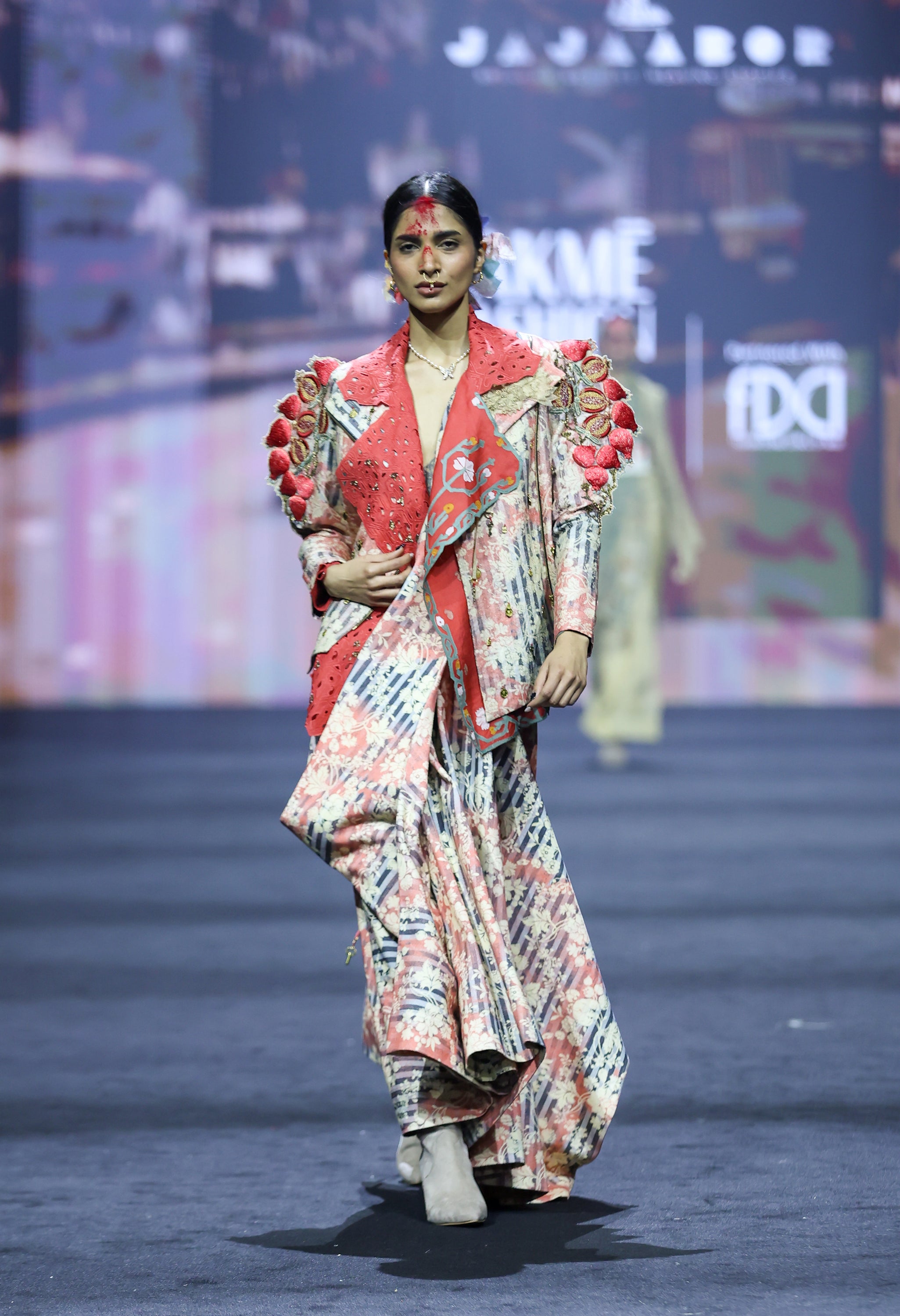 EMB ORGANZA SHORT TRENCH + 3D POMEGRANTE EMB QUILTED JACKET WITH PRINTED DENIM DRAPED SKIRT