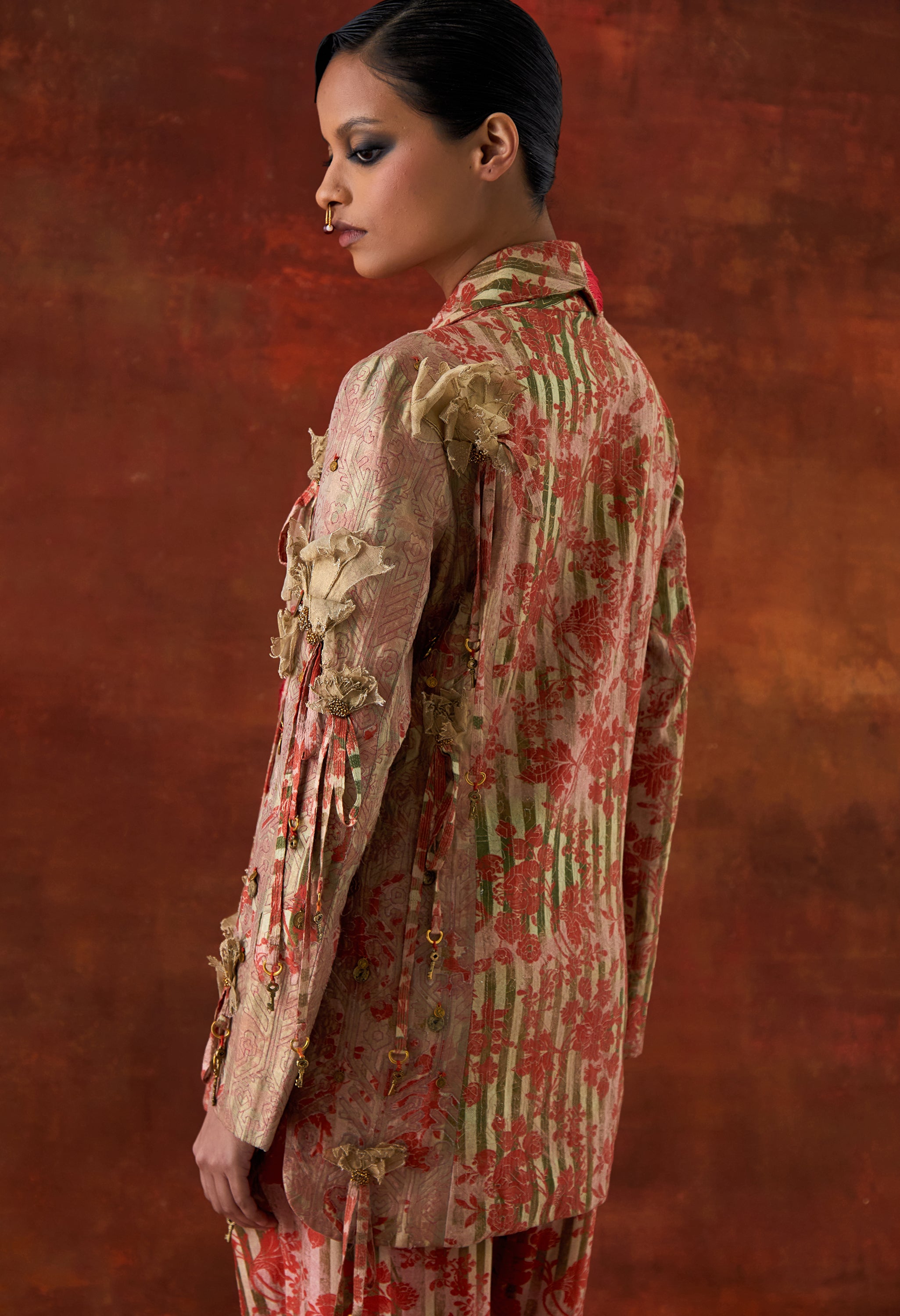 POMEGRANATE EMB DOUBLE LAPEL JACKET WITH PRINTED JOGGERS