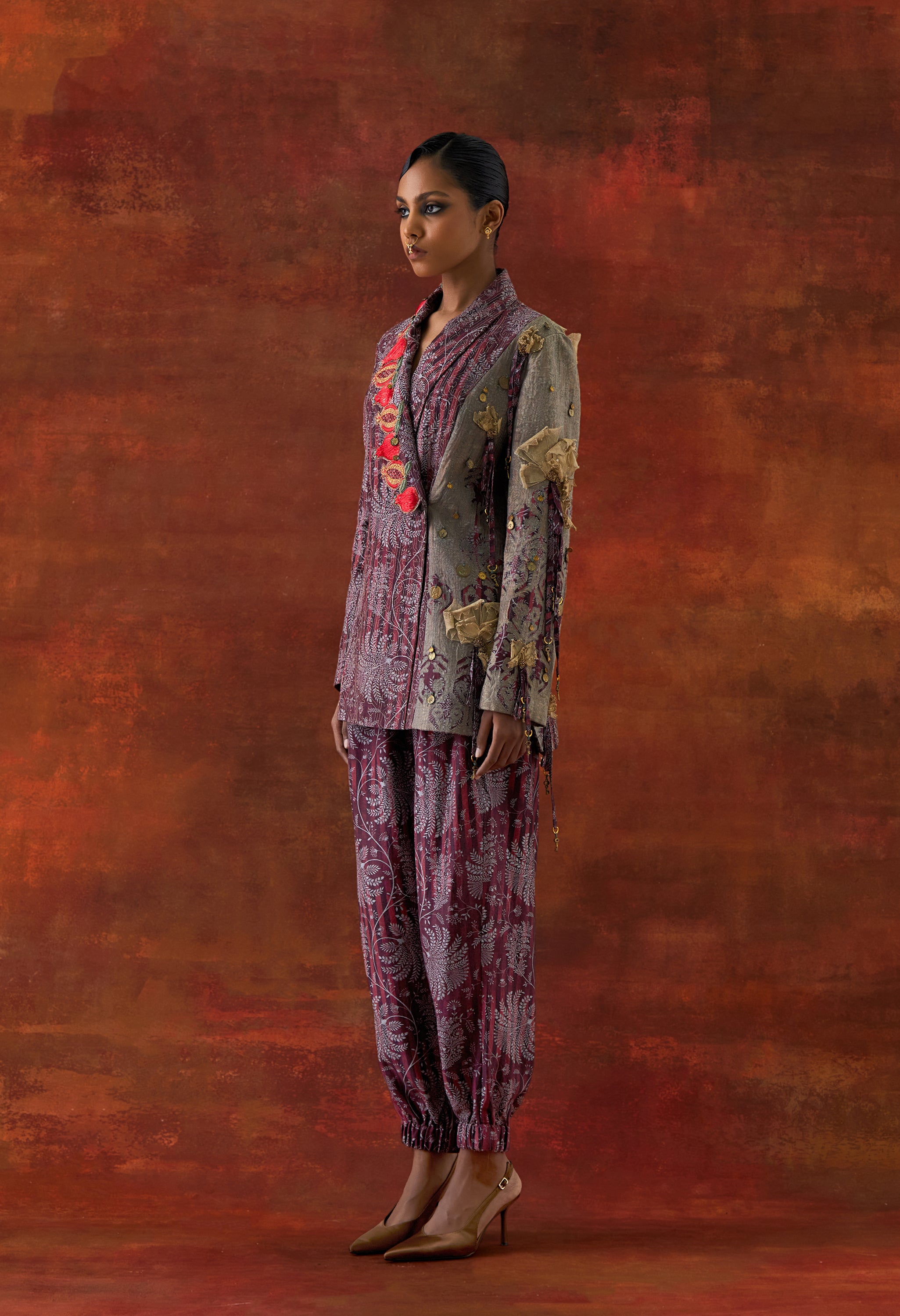 POMEGRANATE EMB DOUBLE LAPEL JACKET WITH PRINTED JOGGERS