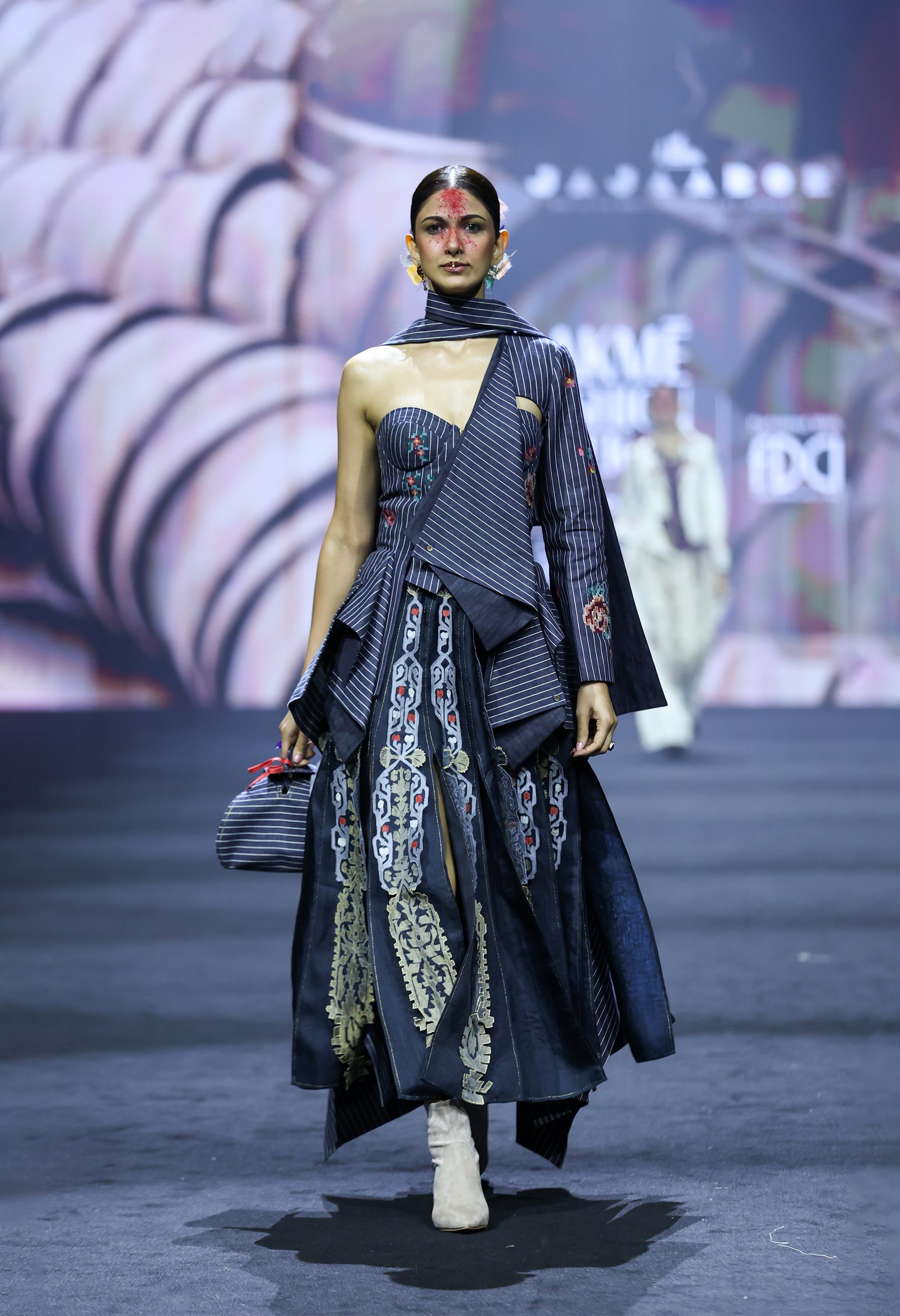 EMB STRIPED DENIM ENGINEERED CORSET DRESS WITH EMB PANELLED SKIRT