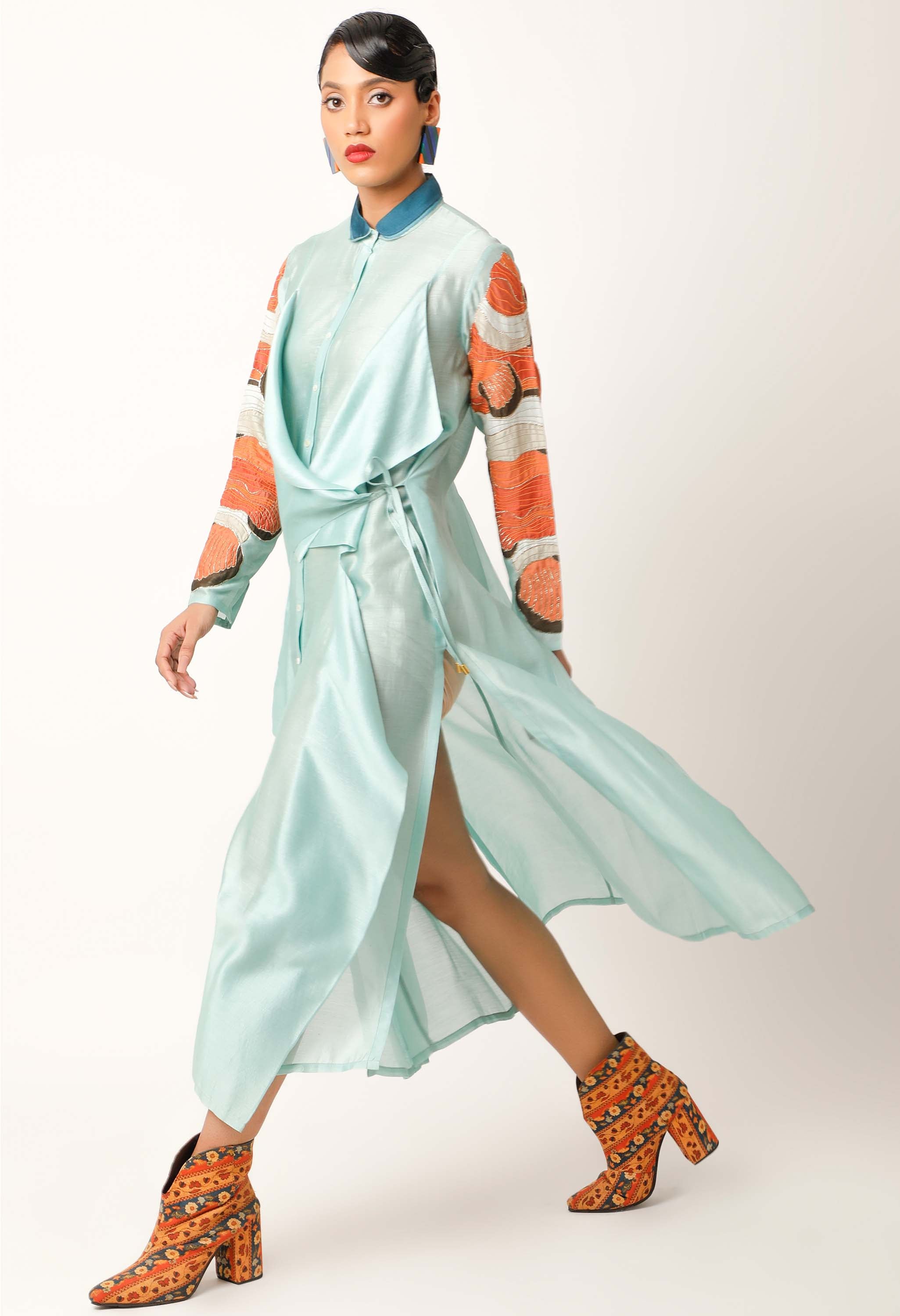 DRAPED SHIRT WITH FISH DETAIL ON THE SLEEVES + INNER SLIP + PANTS