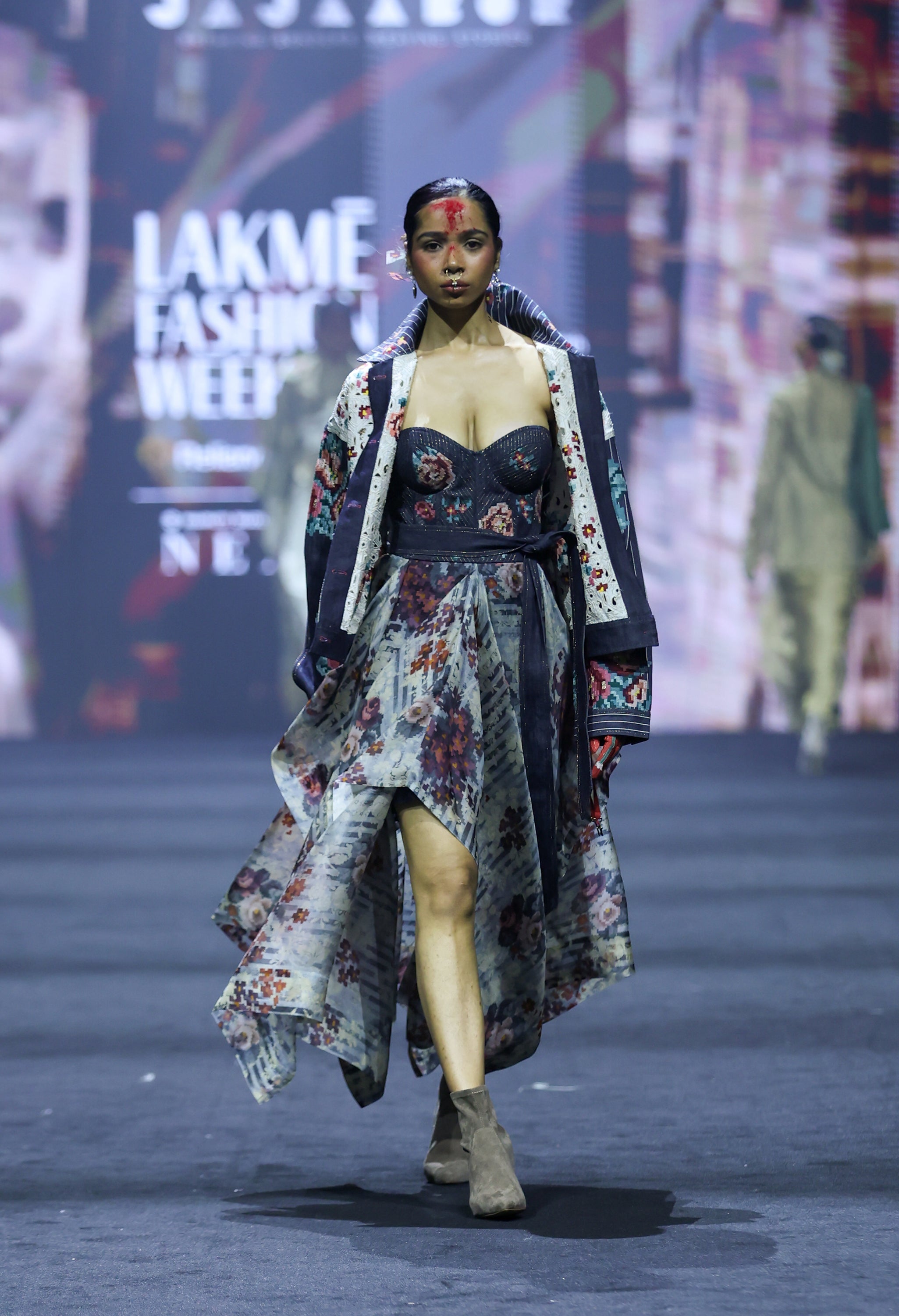 EMB DUAL COLOR DENIM JACKET WITH CORSET DRESS