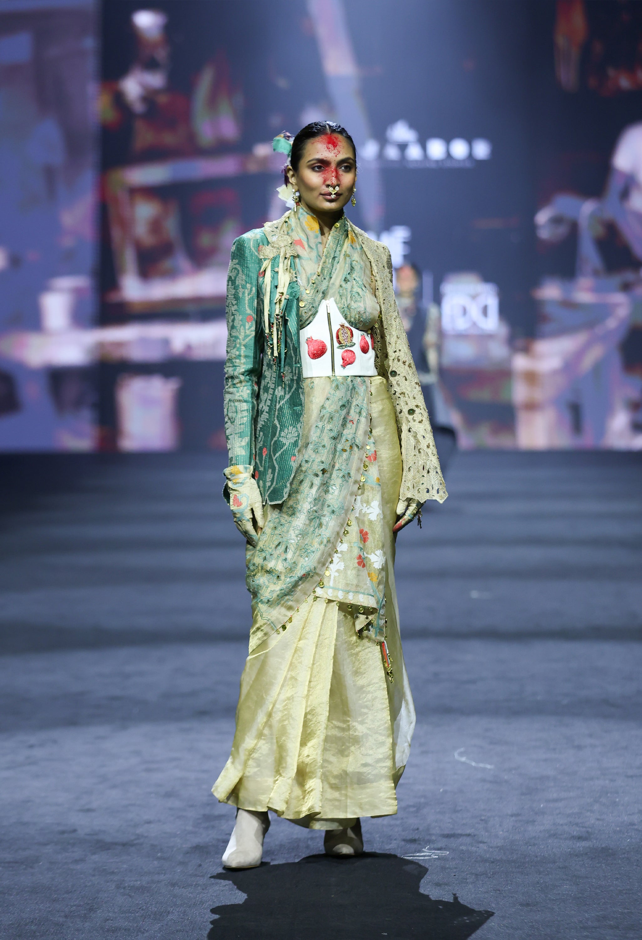DUAL COLOR EMB KNOTCH COLLAR JACKET + EMB CORSET BELT + EMB TISSUE SARI