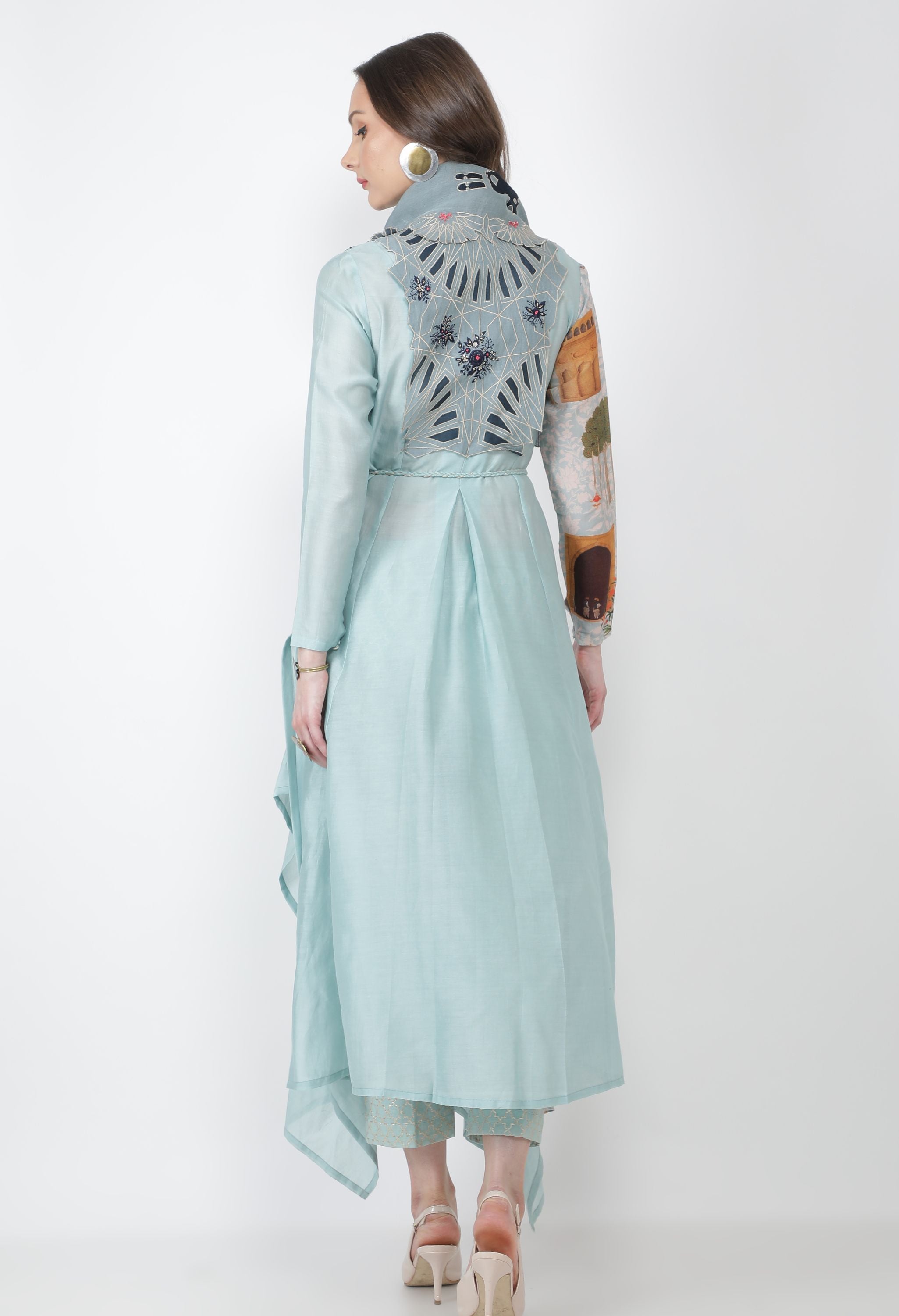 EMB DRAPED COLLAR ANGRAKHA WITH PANTS