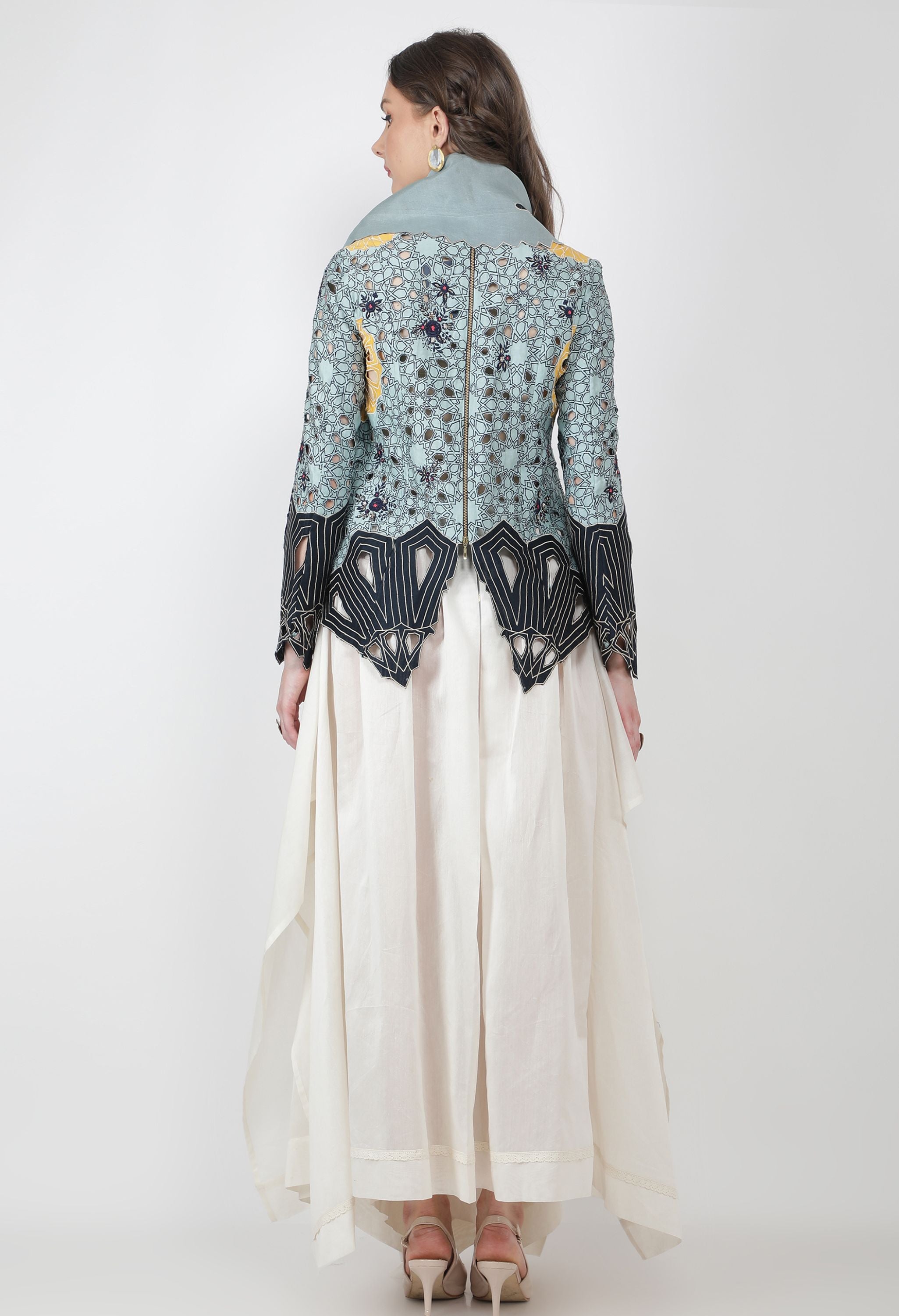 EMB DRAPED COLLAR CUTWORK JACKET WITH SKIRT