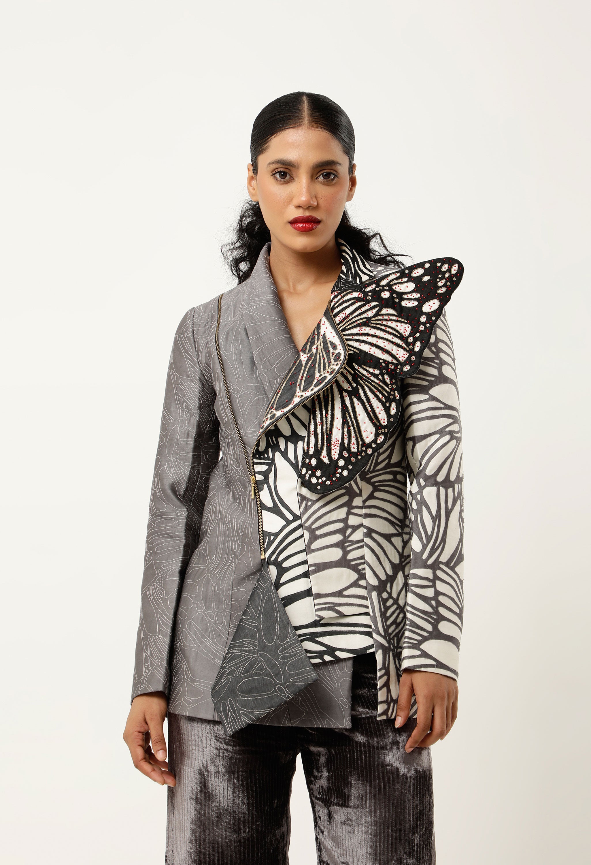 QUILTED JACKET WITH EMBROIDERED BUTTERFLY DETAILING