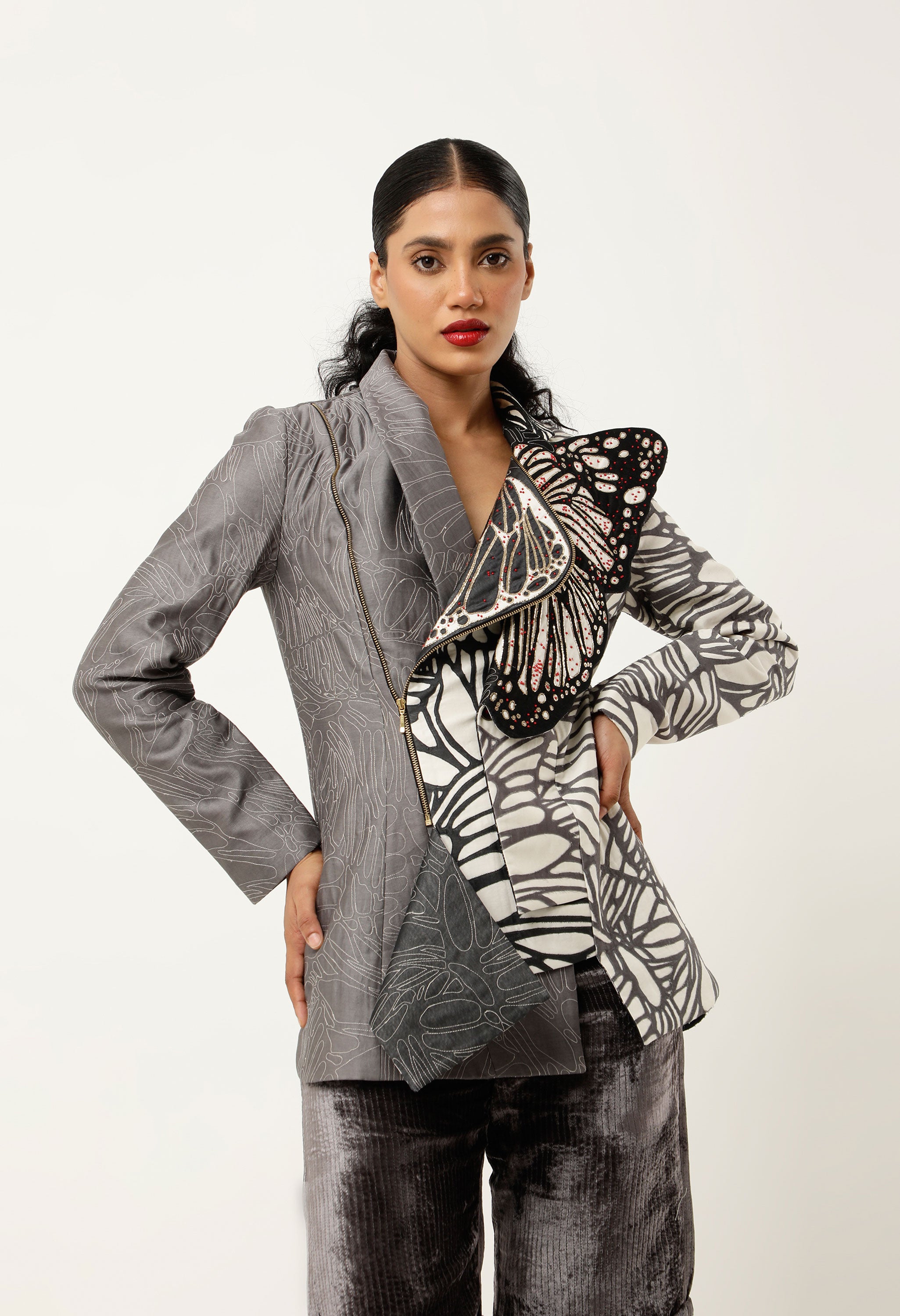 QUILTED JACKET WITH EMBROIDERED BUTTERFLY DETAILING
