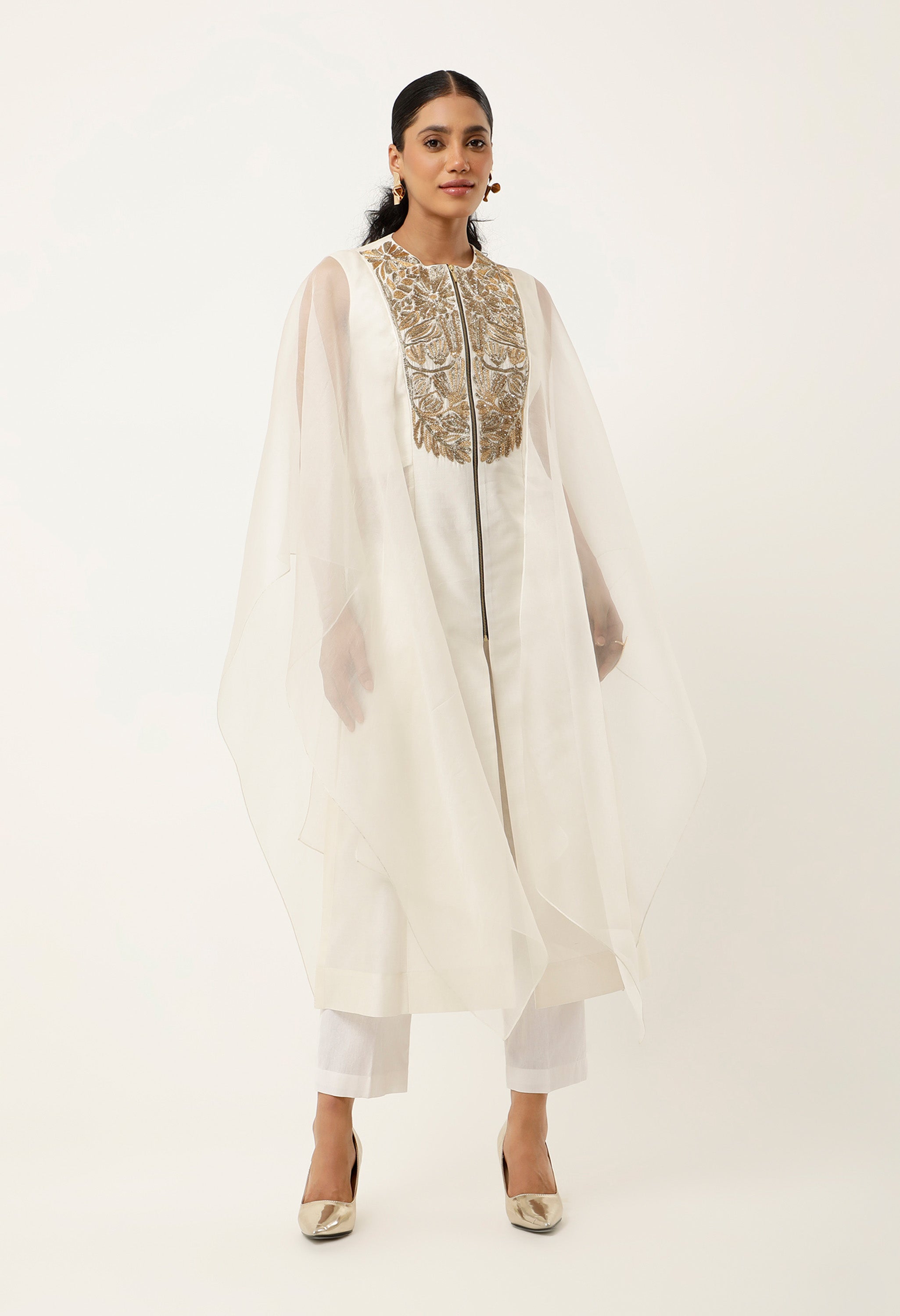 GOLD EMB YOKE CAPE KURTA WITH PANTS