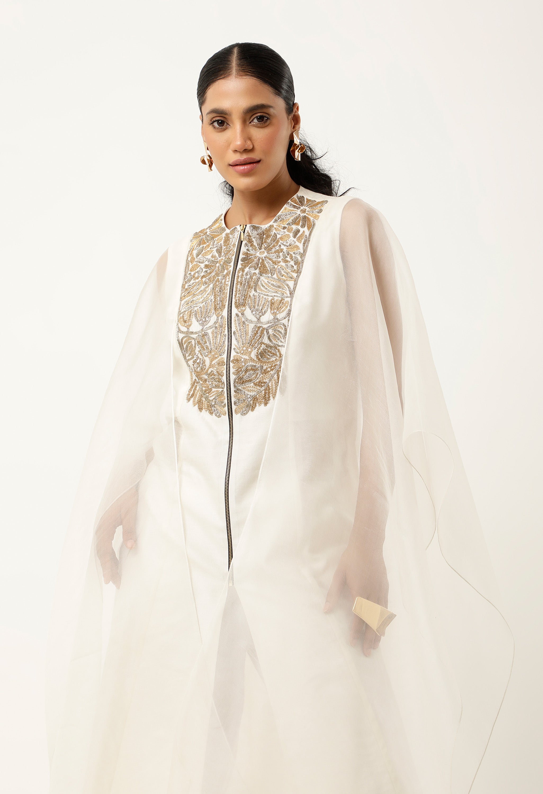 GOLD EMB YOKE CAPE KURTA WITH PANTS