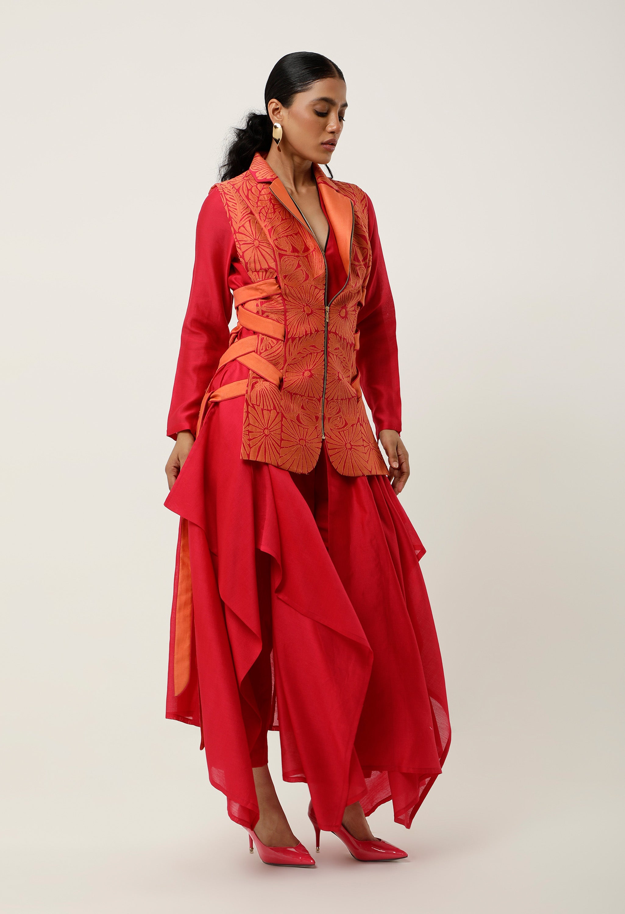 SIDE TIE UP CUTWORK JACKET WITH DRAPED INNER AND PANTS