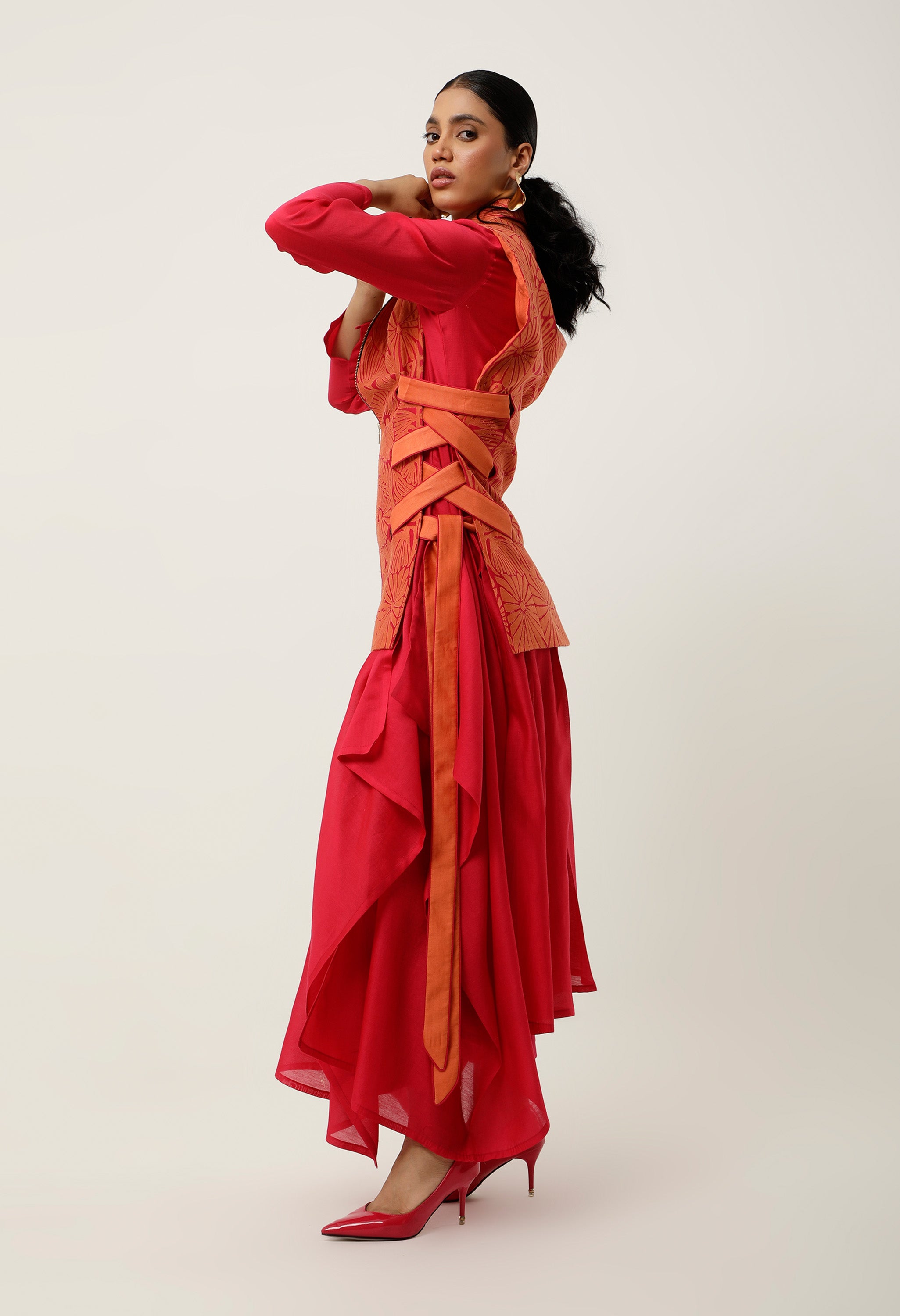 SIDE TIE UP CUTWORK JACKET WITH DRAPED INNER AND PANTS