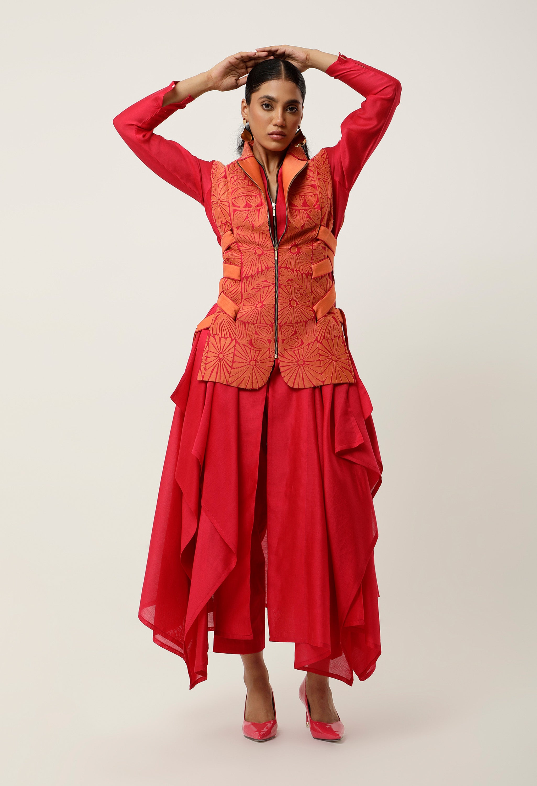 SIDE TIE UP CUTWORK JACKET WITH DRAPED INNER AND PANTS
