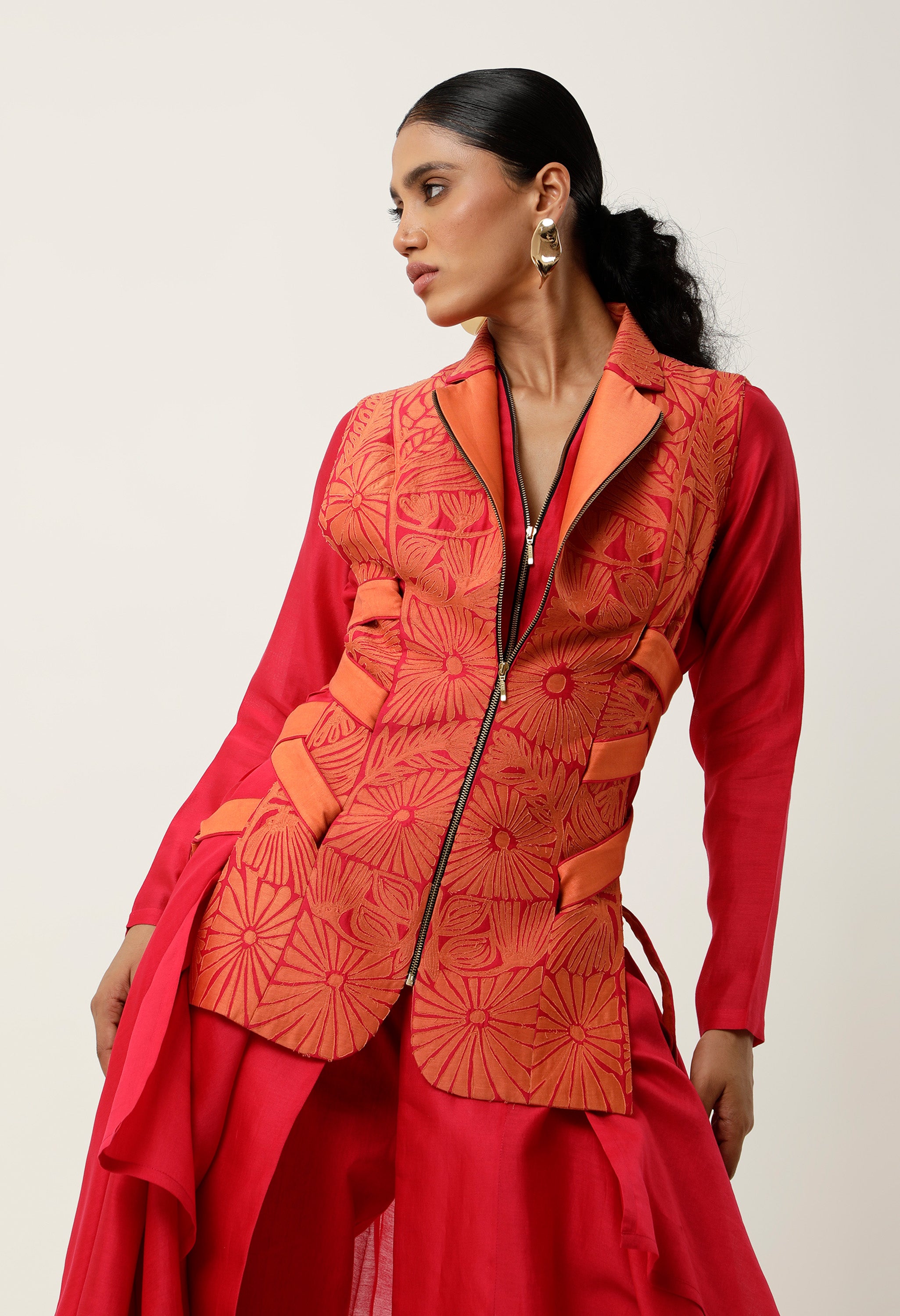 SIDE TIE UP CUTWORK JACKET WITH DRAPED INNER AND PANTS