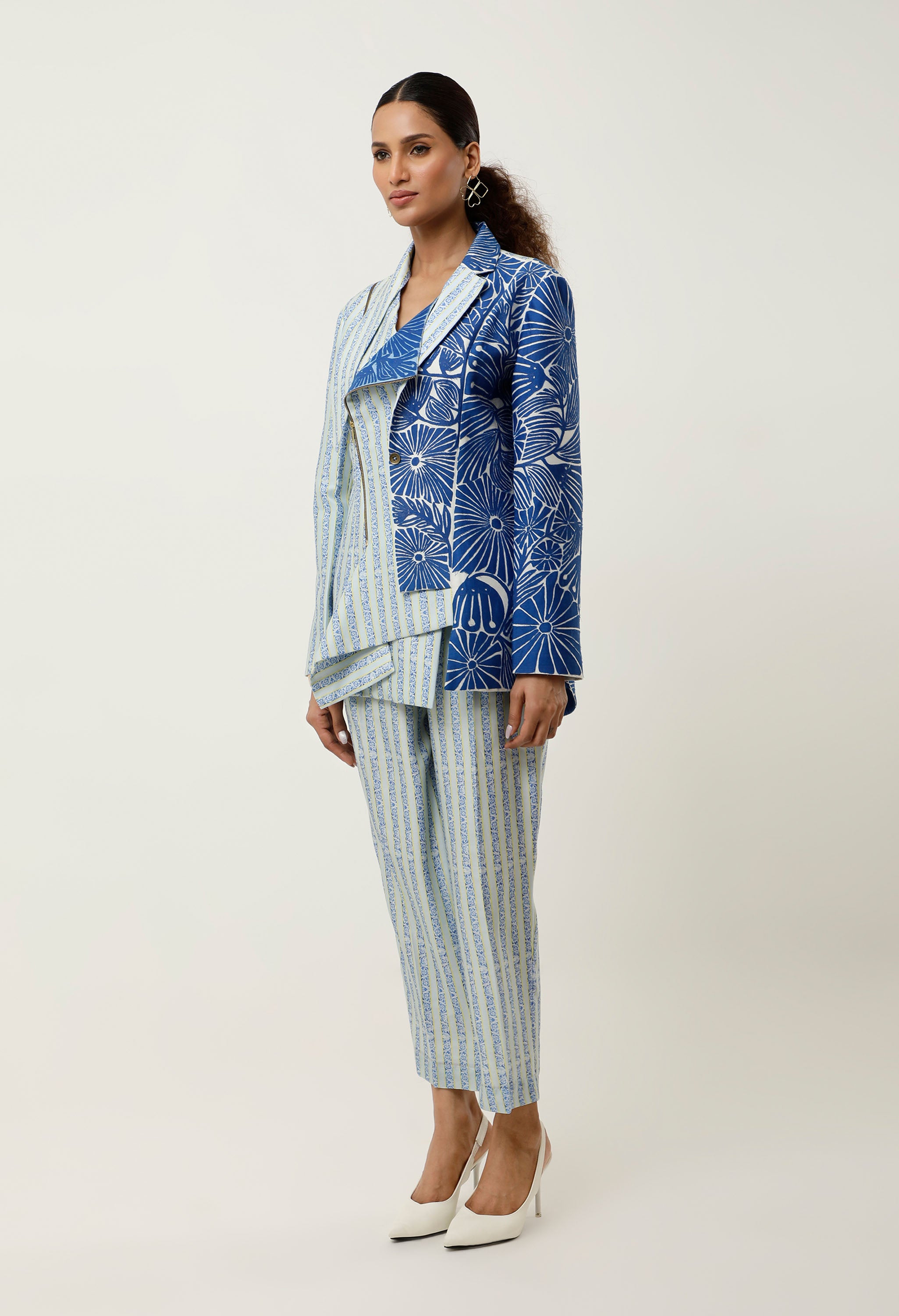 STRIPED PRINTED/EMB CHANDERI JACKET WITH PANTS