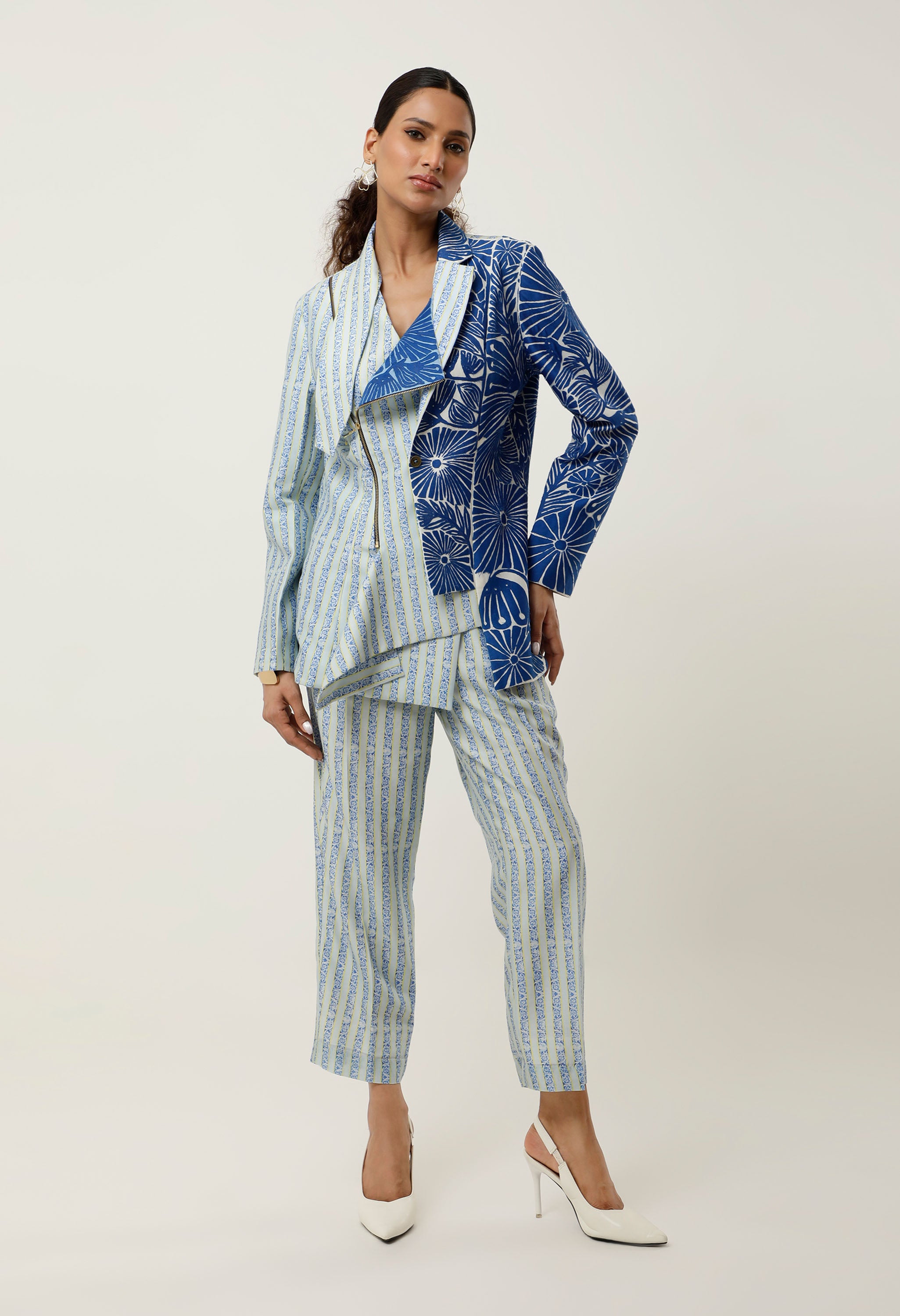 STRIPED PRINTED/EMB CHANDERI JACKET WITH PANTS
