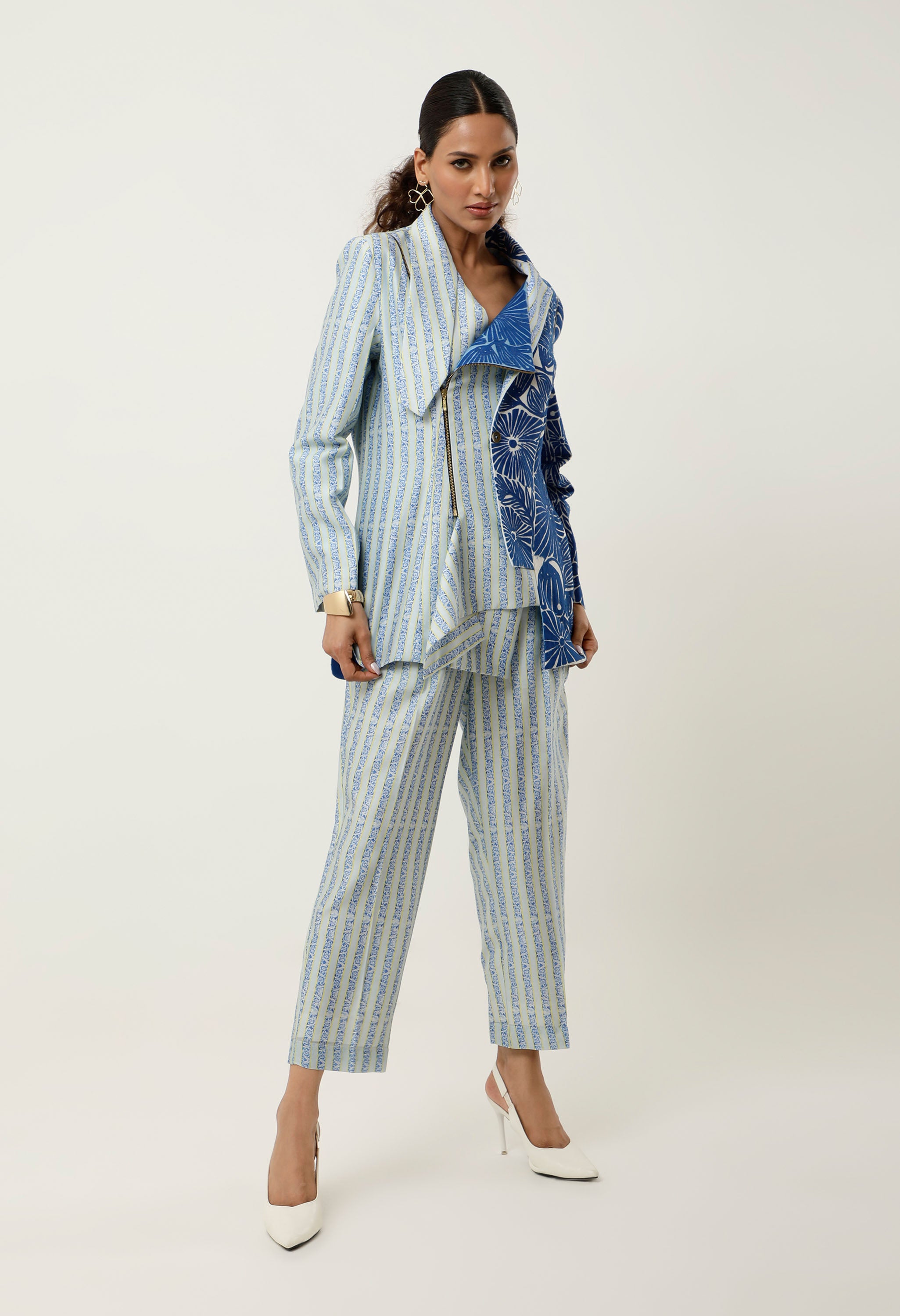 STRIPED PRINTED/EMB CHANDERI JACKET WITH PANTS
