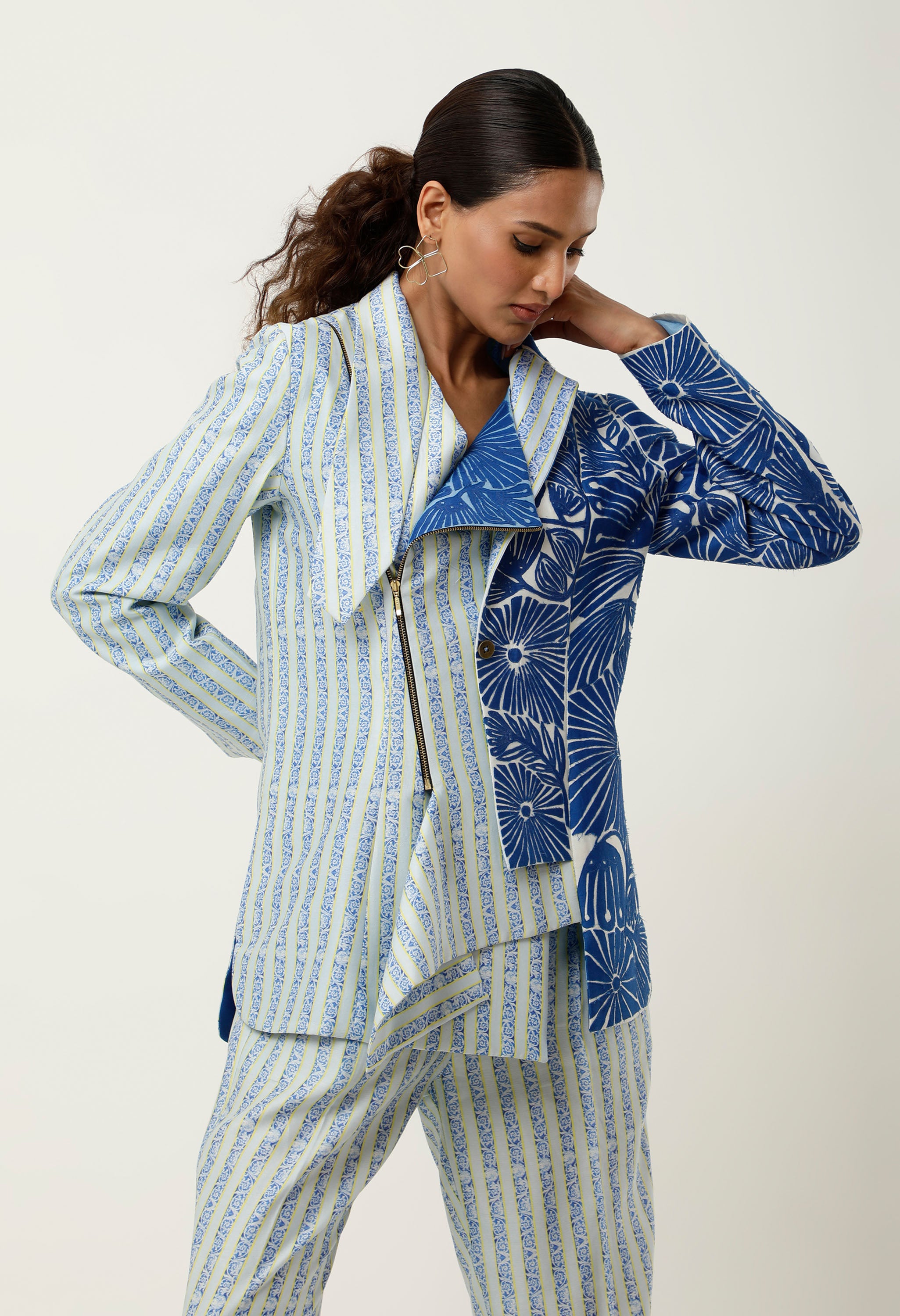 STRIPED PRINTED/EMB CHANDERI JACKET WITH PANTS