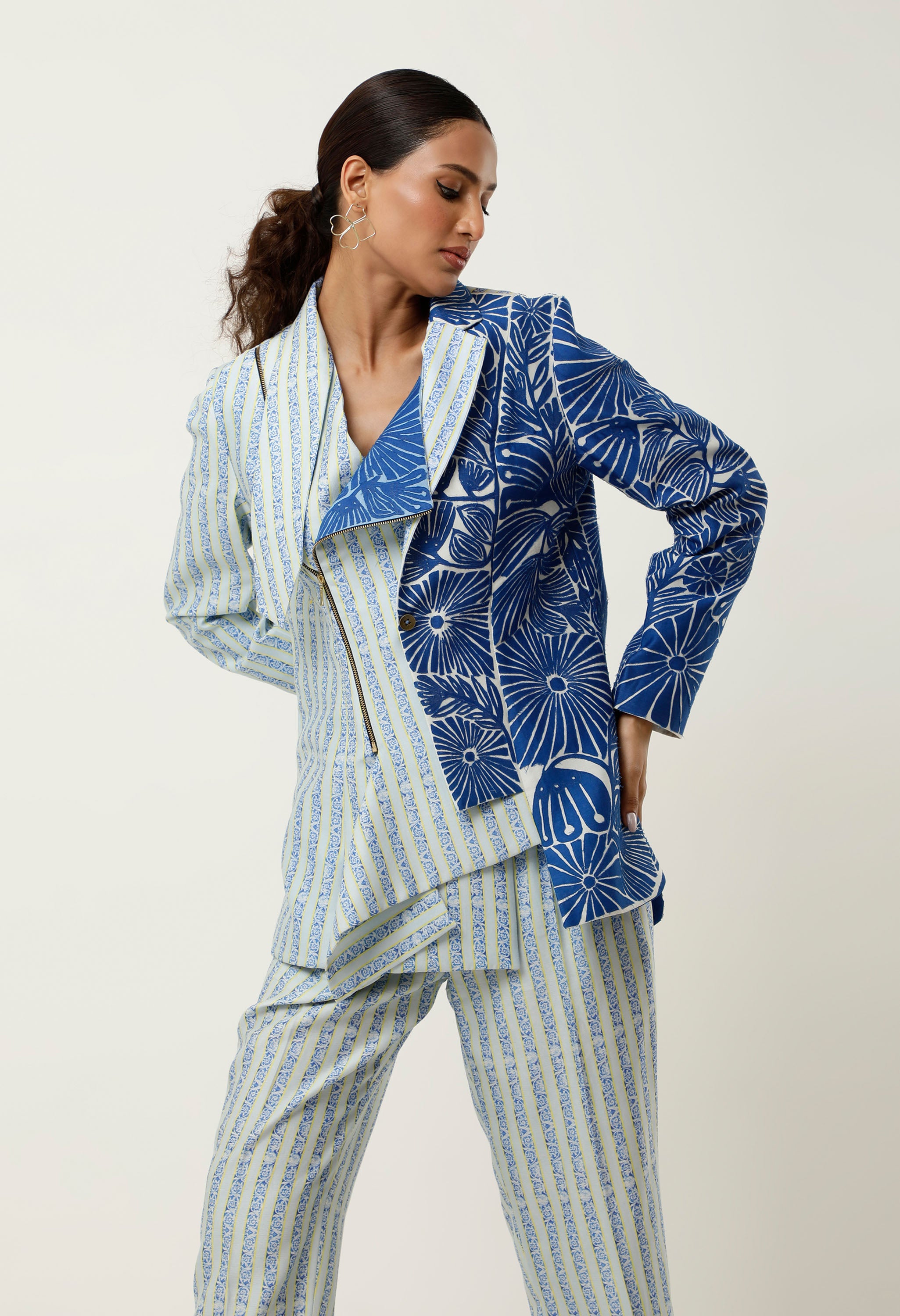 STRIPED PRINTED/EMB CHANDERI JACKET WITH PANTS