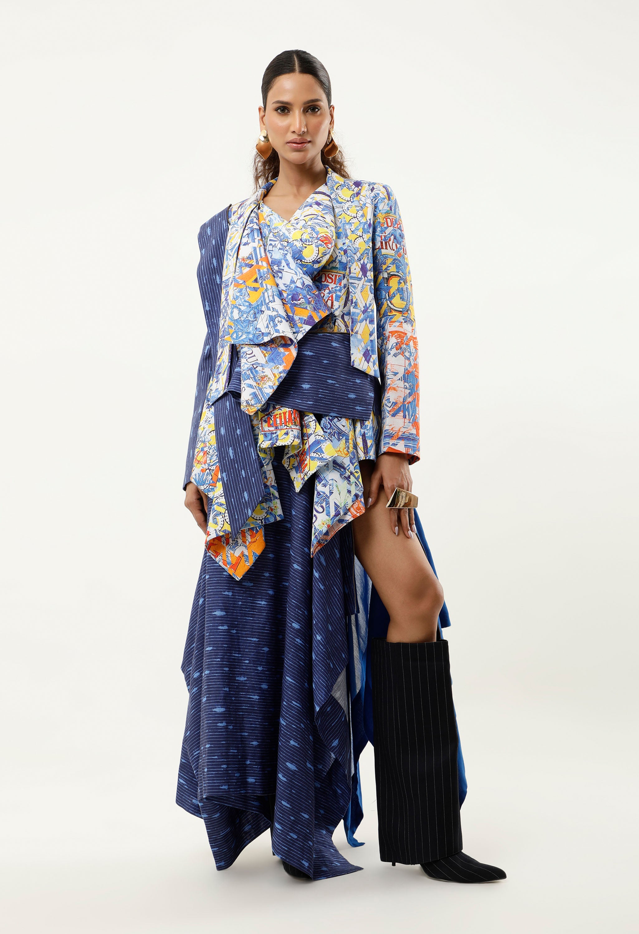 PRINTED DECONSTRUCTED JACKET + DRAPED LINE SKIRT