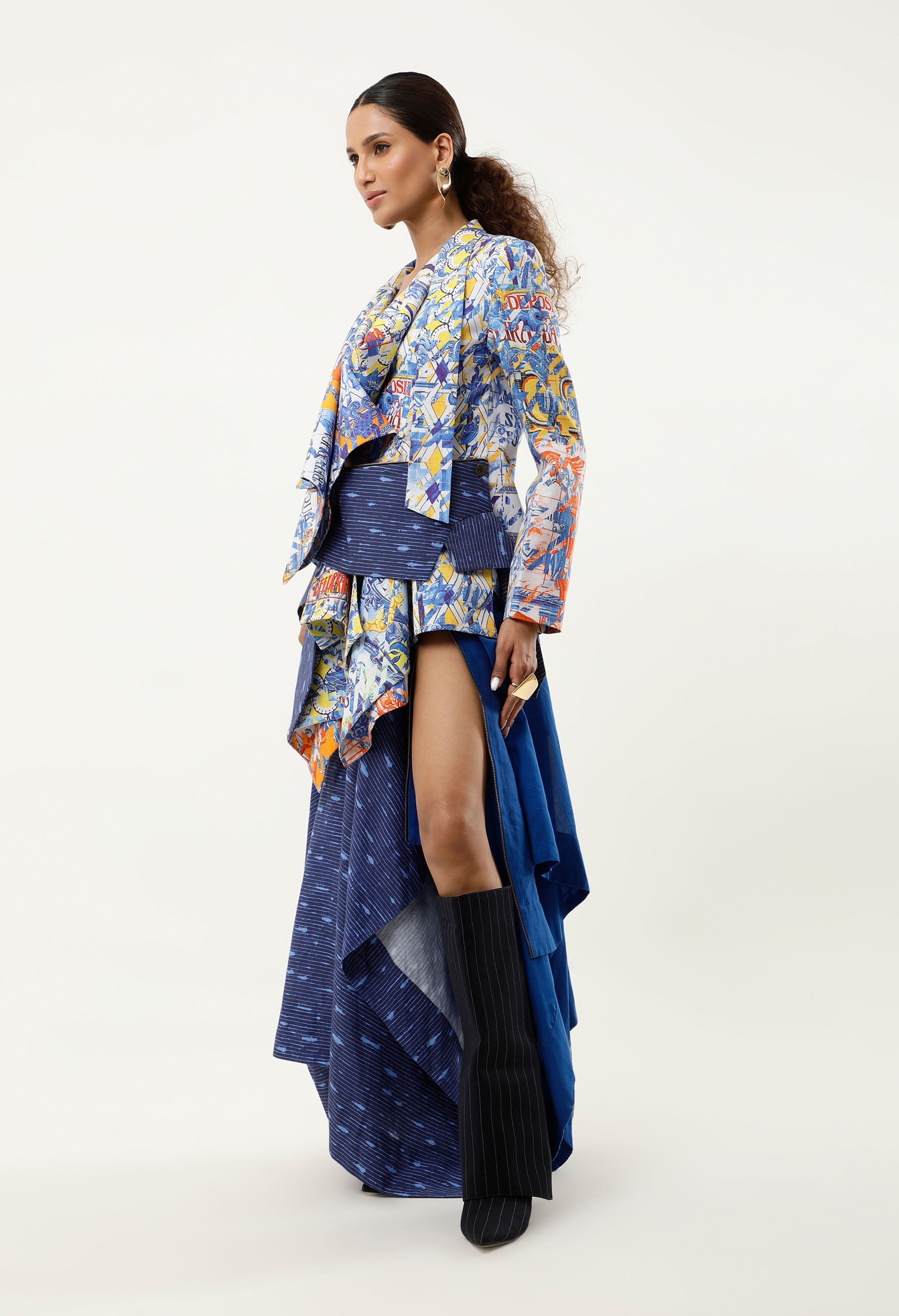 PRINTED DECONSTRUCTED JACKET + DRAPED LINE SKIRT