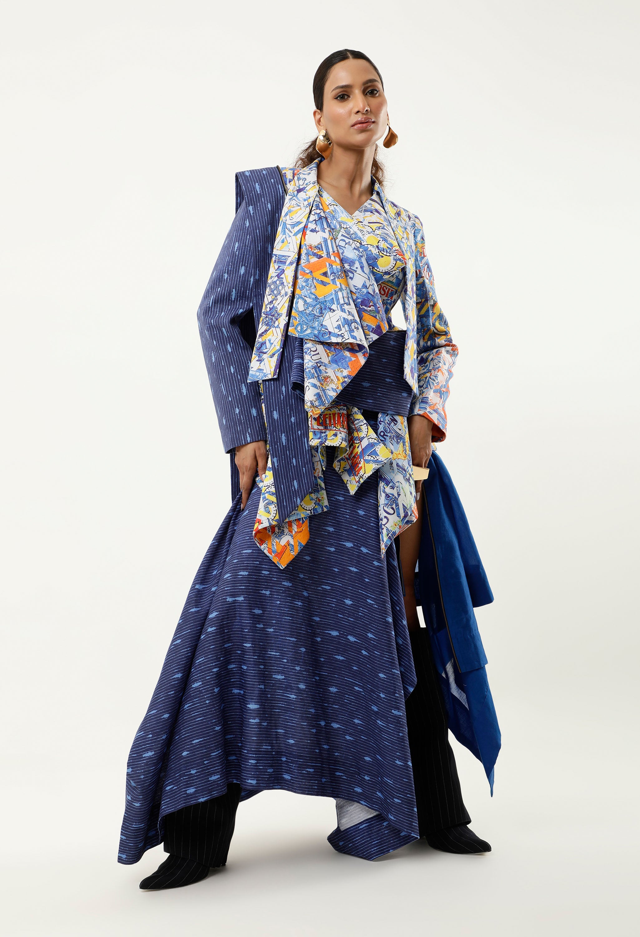 PRINTED DECONSTRUCTED JACKET + DRAPED LINE SKIRT