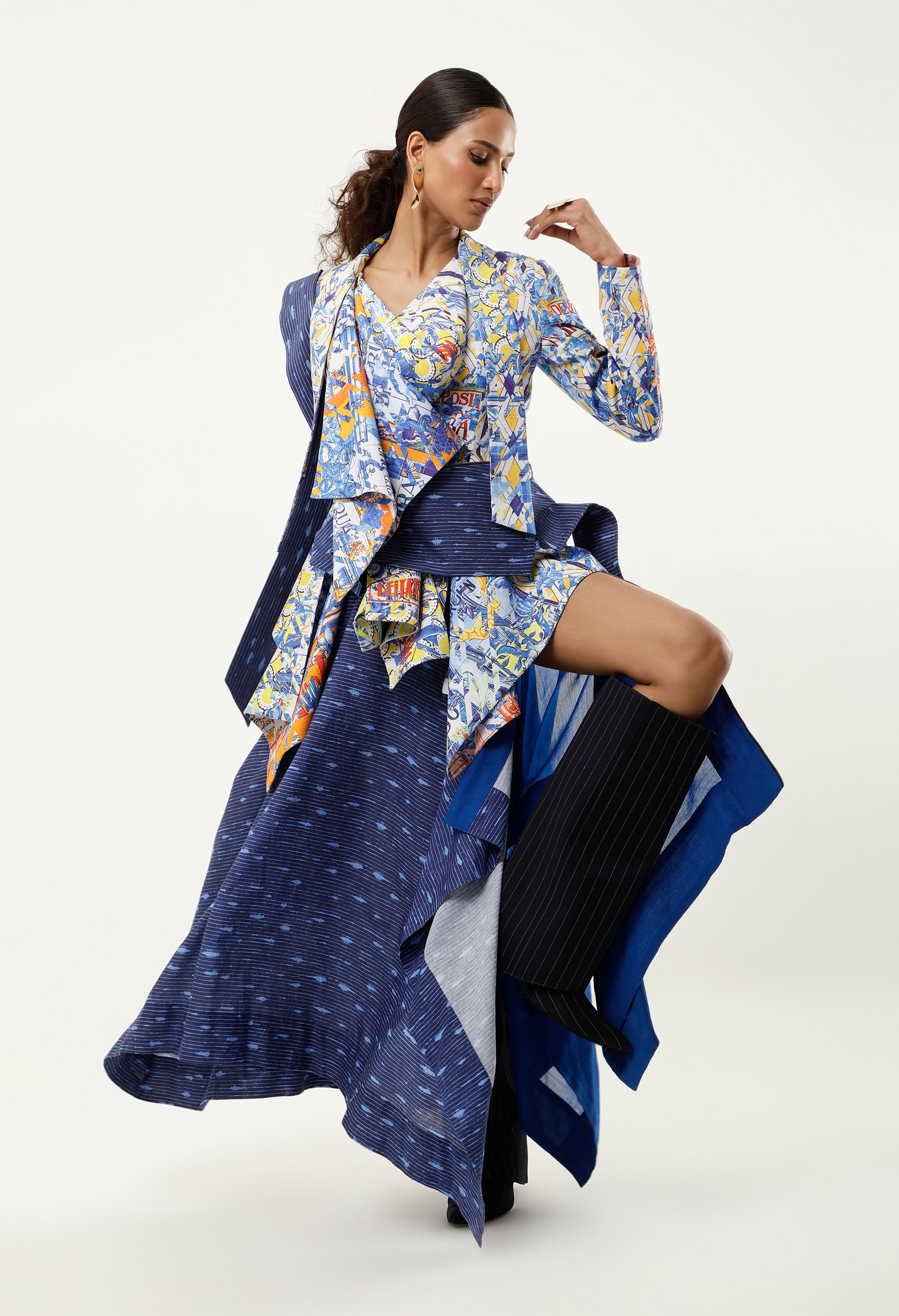 PRINTED DECONSTRUCTED JACKET + DRAPED LINE SKIRT