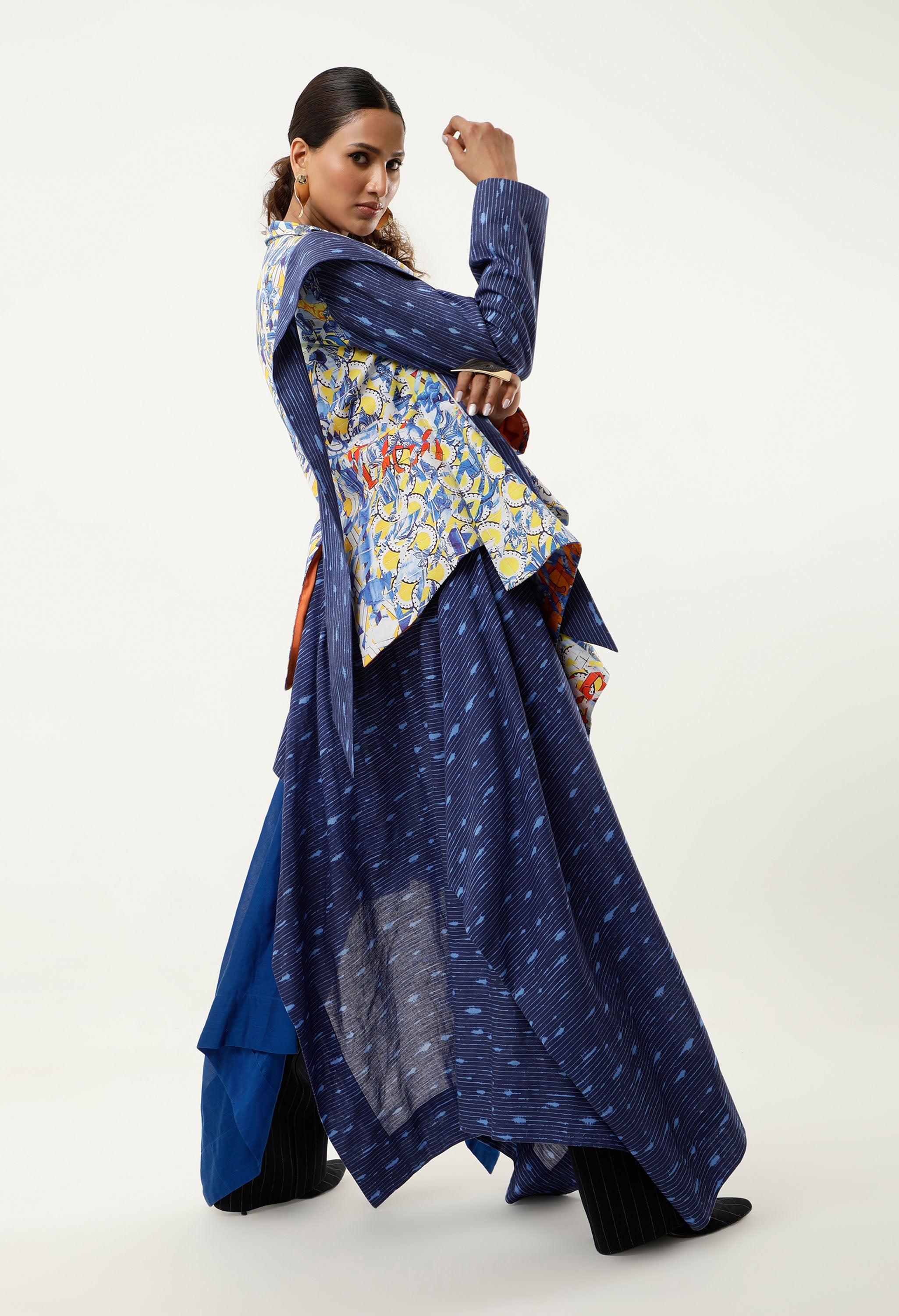 PRINTED DECONSTRUCTED JACKET + DRAPED LINE SKIRT