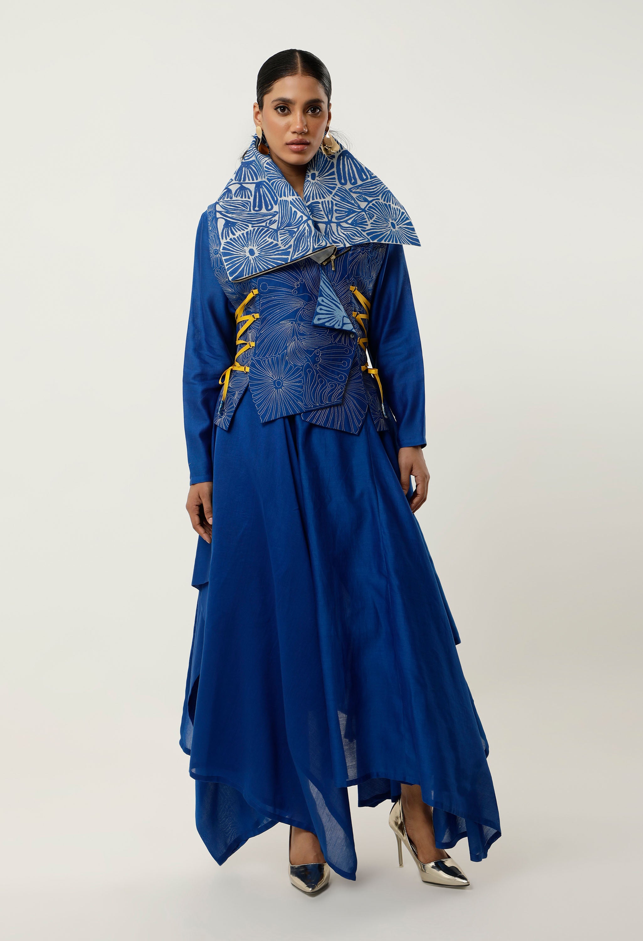 DRAPED COLLAR TIE UP JACKET WITH ASSYMTRICAL CHANDERI INNER AND PANTS