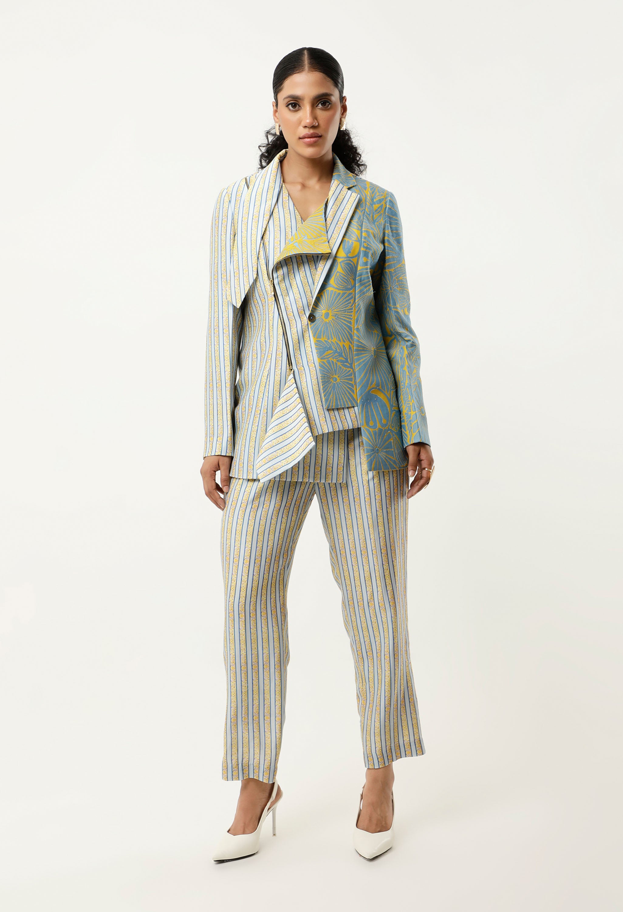 STRIPED PRINTED/EMB CHANDERI JACKET WITH PANTS