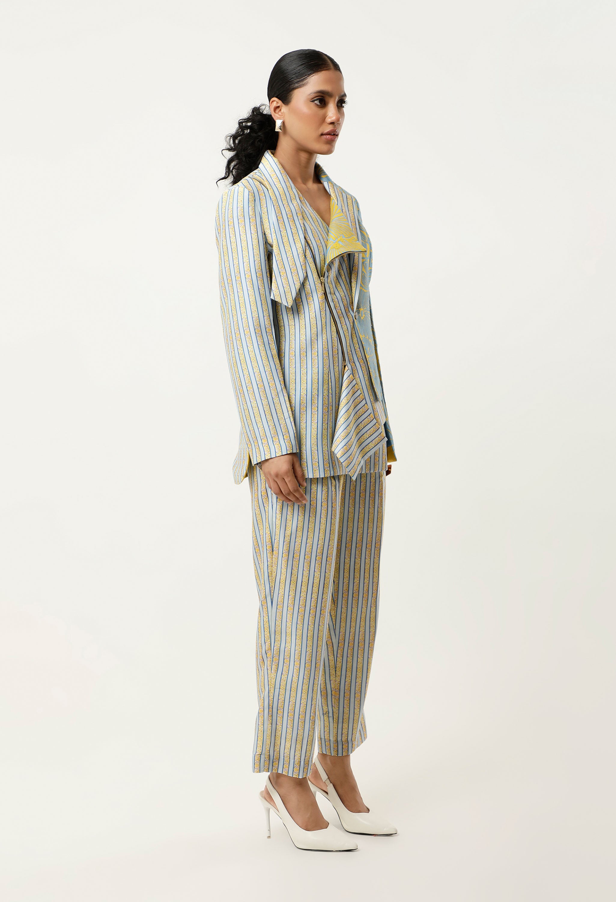 STRIPED PRINTED/EMB CHANDERI JACKET WITH PANTS