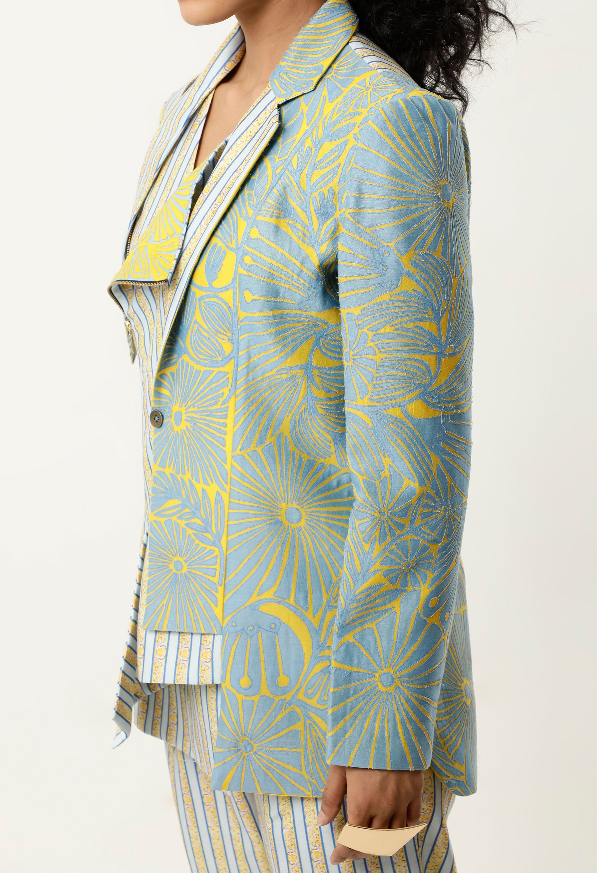 STRIPED PRINTED/EMB CHANDERI JACKET WITH PANTS