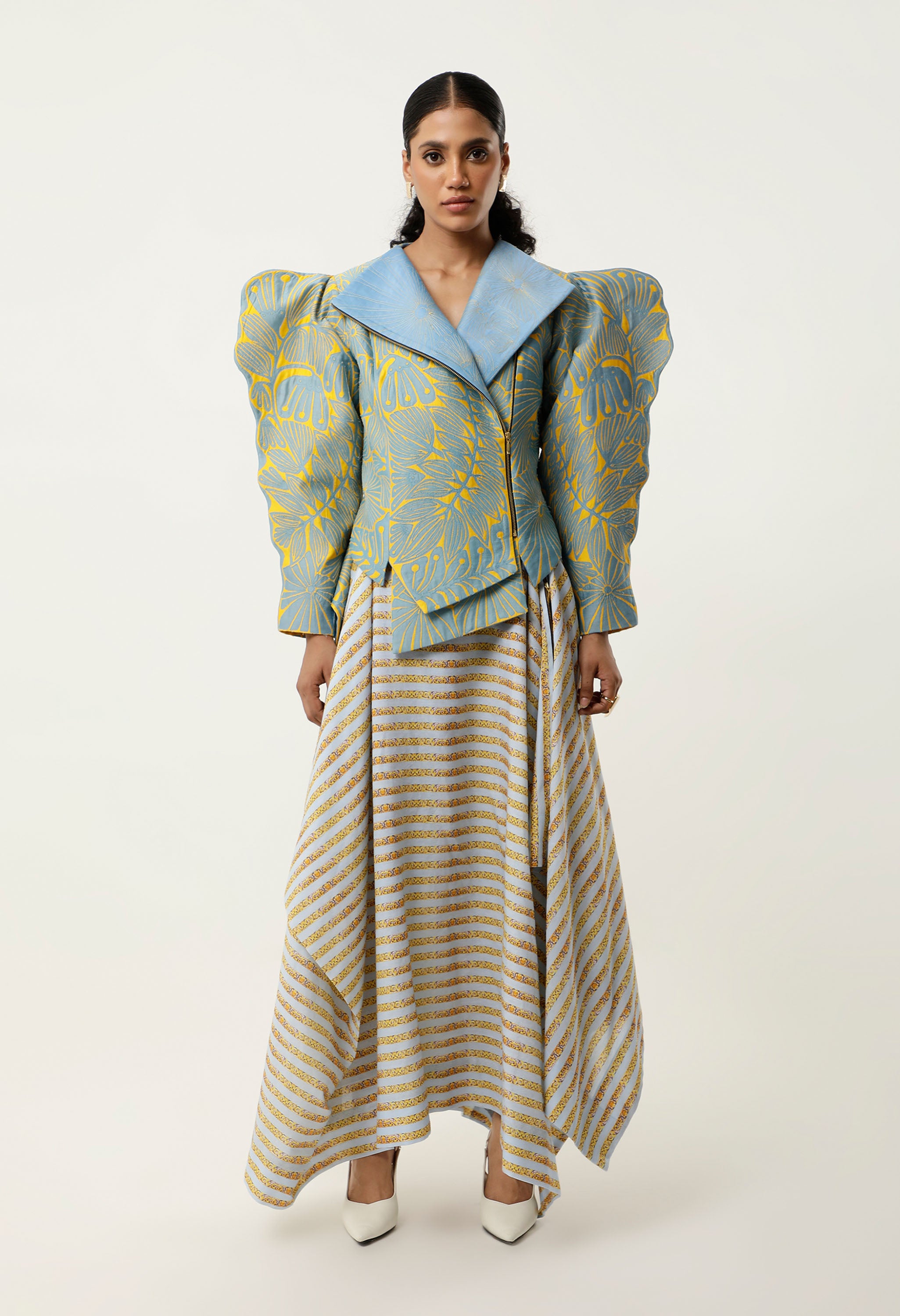 3D SLEEVED FLORAL CUTWORK JACKET WITH ASSYMETRICAL LINEN SKIRT