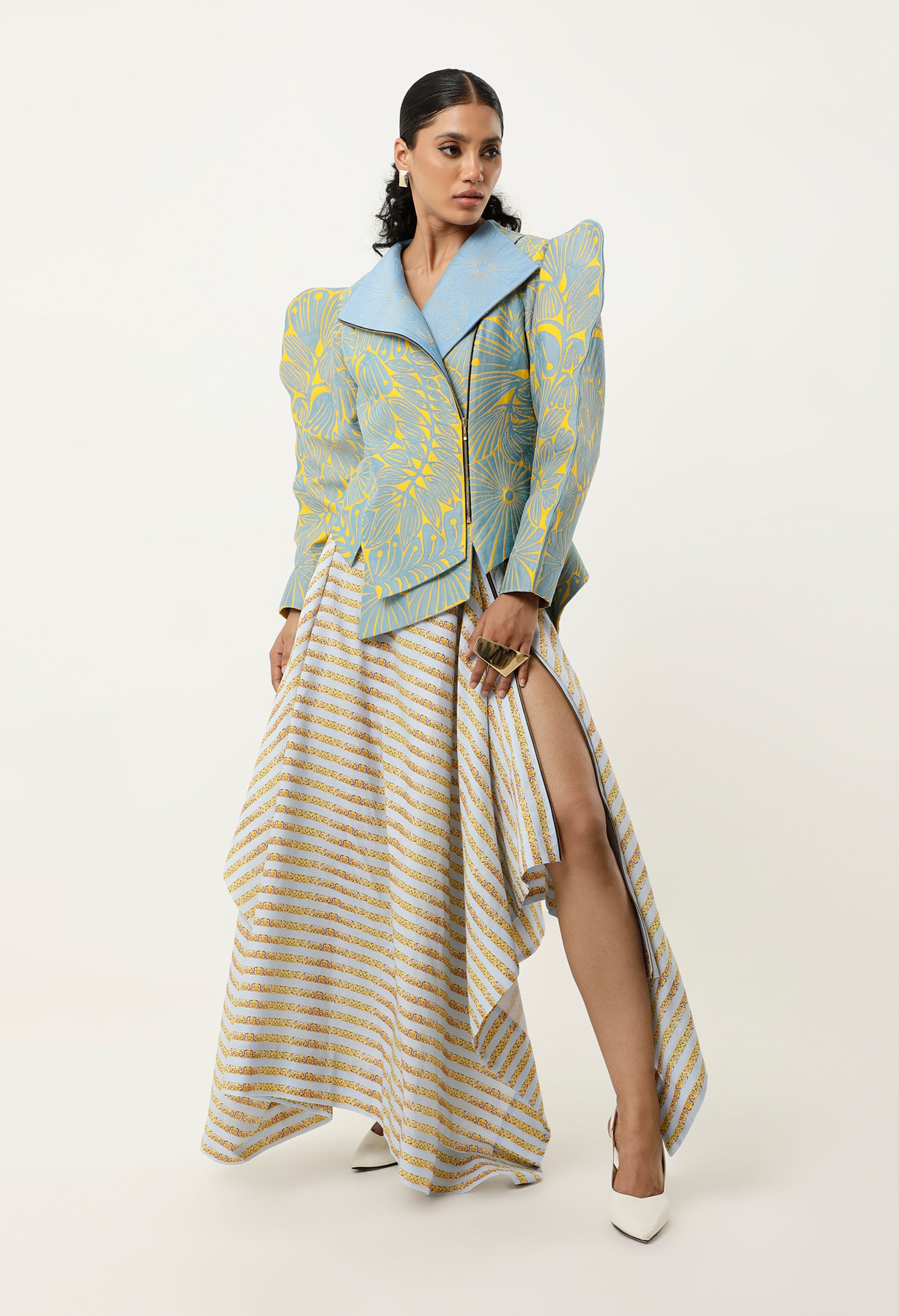 3D SLEEVED FLORAL CUTWORK JACKET WITH ASSYMETRICAL LINEN SKIRT