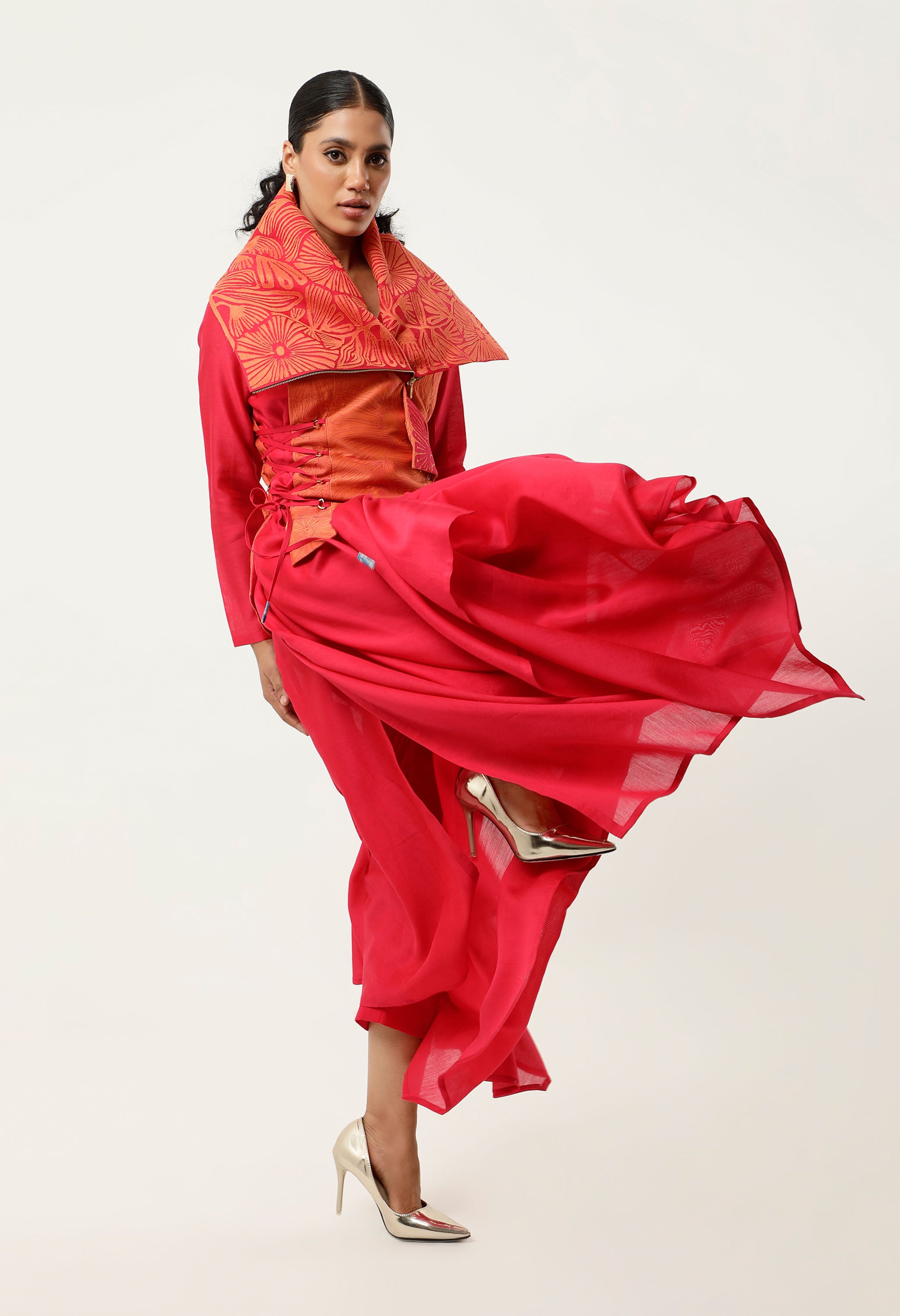 DRAPED COLLAR TIE UP JACKET WITH ASSYMTRICAL CHANDERI INNER AND PANTS