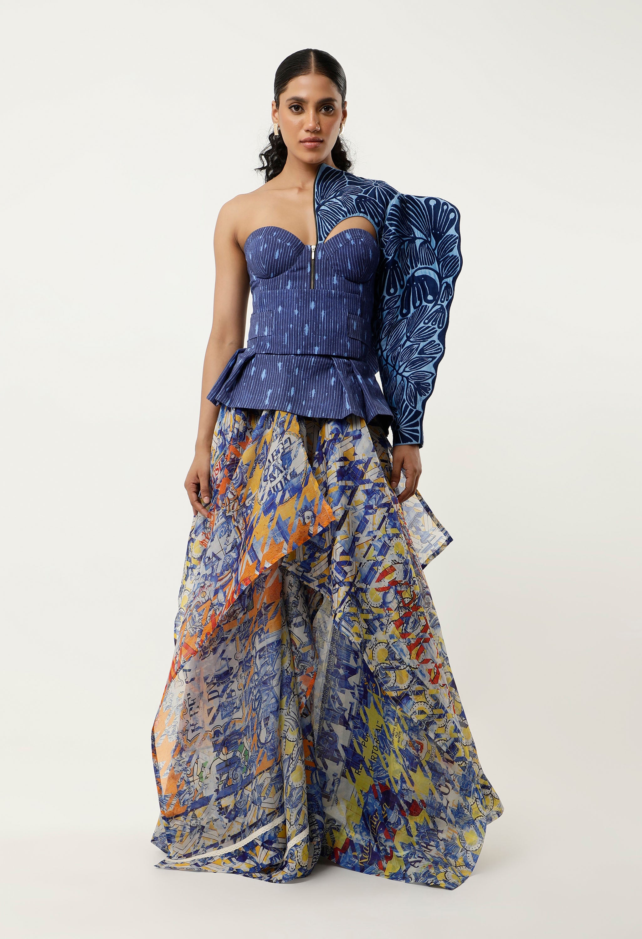 3D FLORAL EMB BUSTIER WITH SILK ORGANZA PRINTED SKIRT + BELT