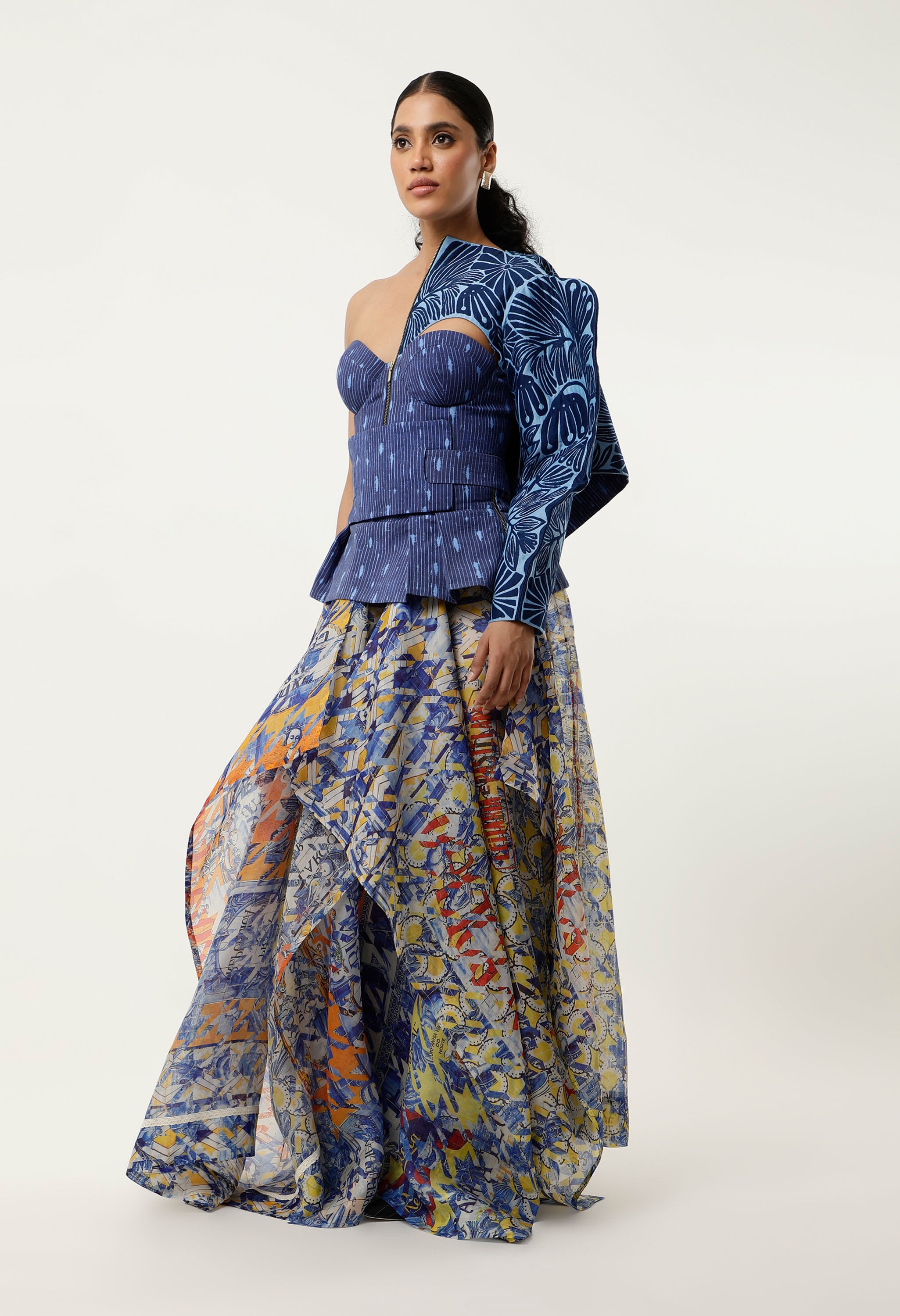 3D FLORAL EMB BUSTIER WITH SILK ORGANZA PRINTED SKIRT + BELT