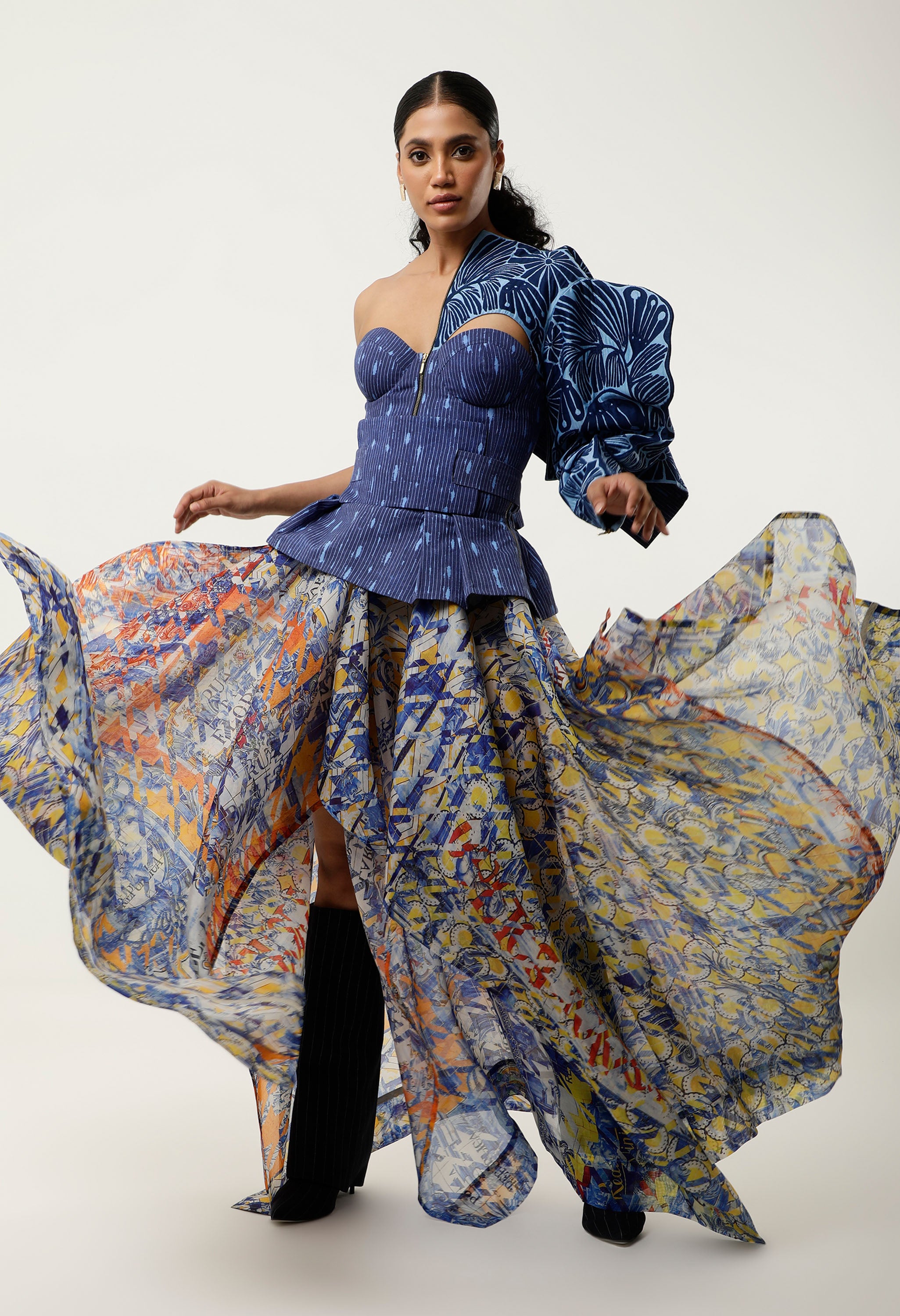 3D FLORAL EMB BUSTIER WITH SILK ORGANZA PRINTED SKIRT + BELT